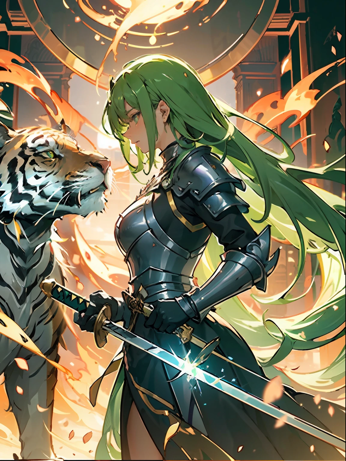 Oist,(tmasterpiece:1.2),best qualtiy, A beautiful woman,Long flowing green hair,glittery, A long sword in his hand,,It emits a cold light, Surrounded by green and purple particles. The woman wears black and green intersecting armor, bear,The majestic posture of the tiger and the surrounding environment are flames. Green surged around them, creating an opulent atmosphere. The image is in high definition,Capture the highlights of this epic battle.