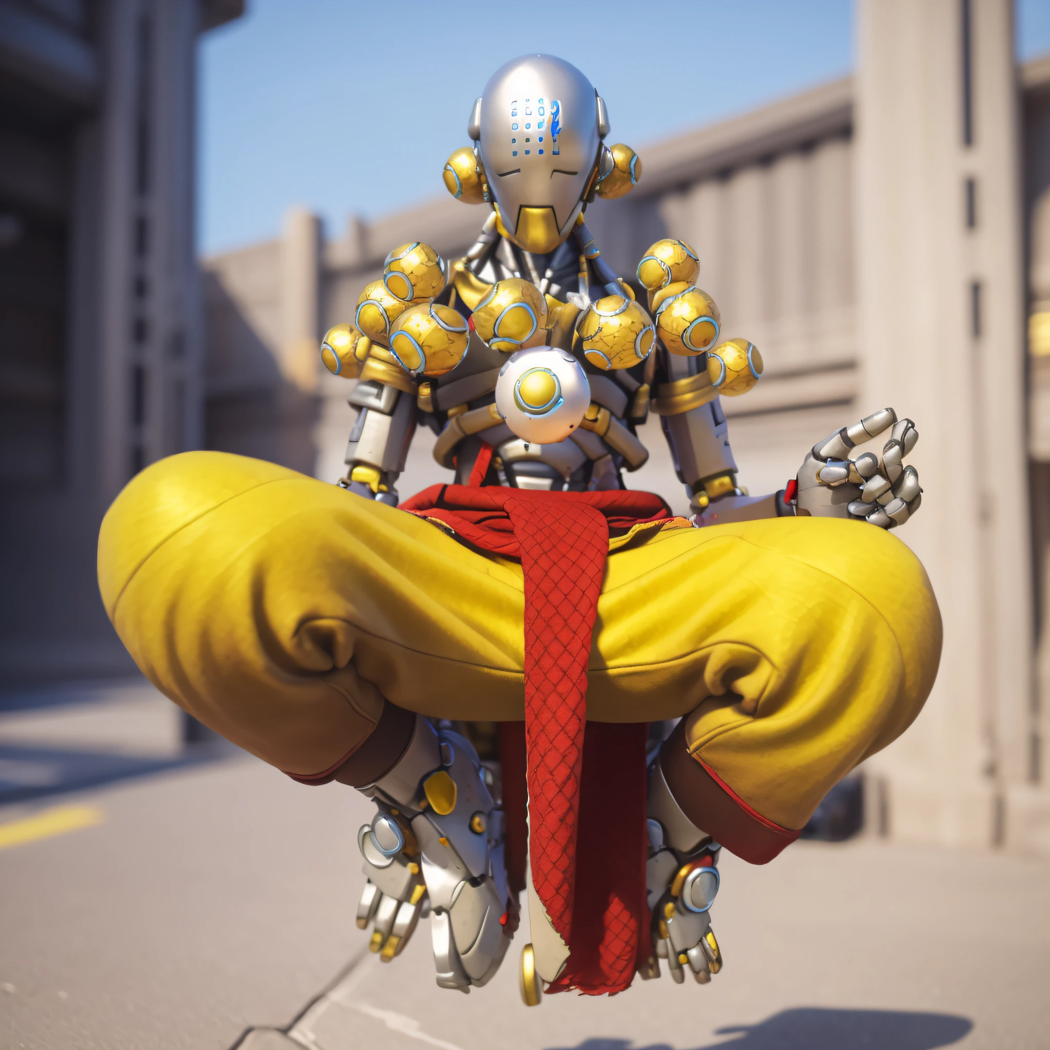 zenyatta, floating, meditative position, yellow pants, sandals, overwatch, omnic, robot, outside, sakura blossoms, slanted eyes, blue lights on forehead, orbs, red fabric, braided rope, yellow