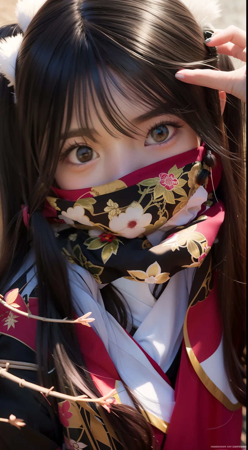 1girl, Nezuko kamado, Long hair, Black hair, Bamboo, Kimono pink, realistic.