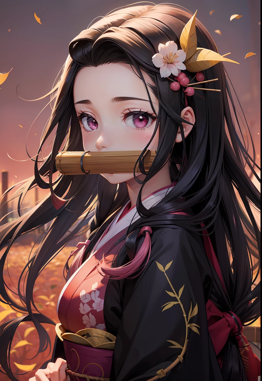 1girl, Kamado nezuko, Long hair, Black hair, Bamboo, Pink kimono, realistic