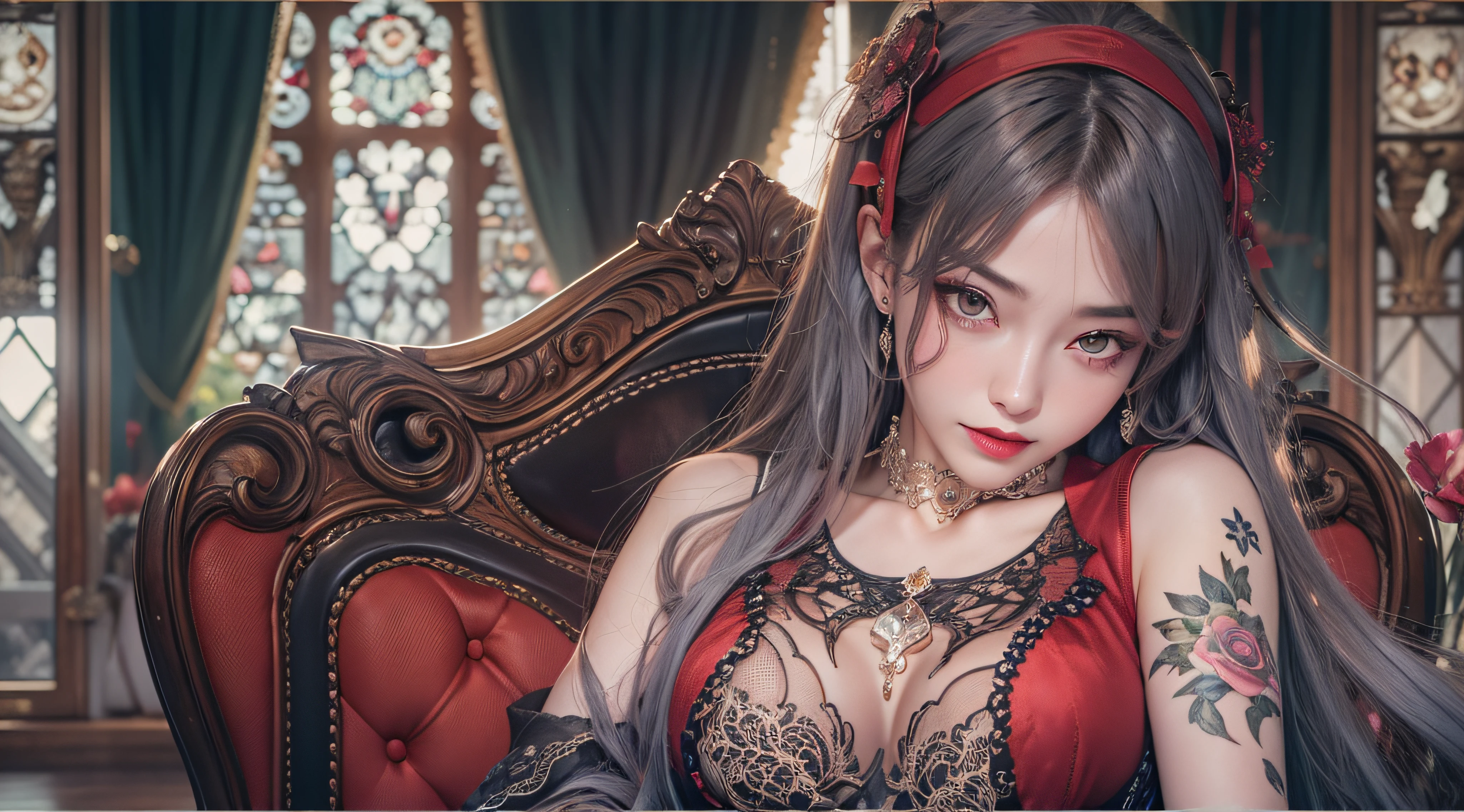 masutepiece, No clothes, Perfect , Legs spread, SEX, rom provocative poses, beastly pose, of the highest quality, High quality, Highly detailed CG Unity 8k wallpaper, Art Station, Digital Illustration, with an intricate, 動向, awardwinning photo, depth of fields, nffsw, chromatic abberation, Realism, Highly detailed, Art Station Trends, CGsociety Trends, with an intricate, high detailing, Dramatic, 8K, 16 K, of the highest quality, Photon mapping, Radio City, Photorealistic, Elaborate CG, physically-based renderingt, ultra realistic realistic textures, unreal enginee 5, motion angles, Cinematic lighting, Dramatic Lighting, Professional Lighting, Slender face Very detailed and expressive eyes, Shiny hair, High Texture、Detailed face and skin, highly detailed skin with pores, Perfect body line, Perfect bust line, exquisite collar bone, Perfect clavicle, Bewitching and mysterious oriental adult woman, Vampire, Red Lipstick, Red Eyes, Red Eye Shadow, Long gray hair with a glossy waist, sadistic Tattoos all over the body, Gothic architecture of the 19th century、Stately research、fine furniture、Velvet upholstered chair、plush bookcase、fireplace、nighttime scene、Dim lighting、moonlights、