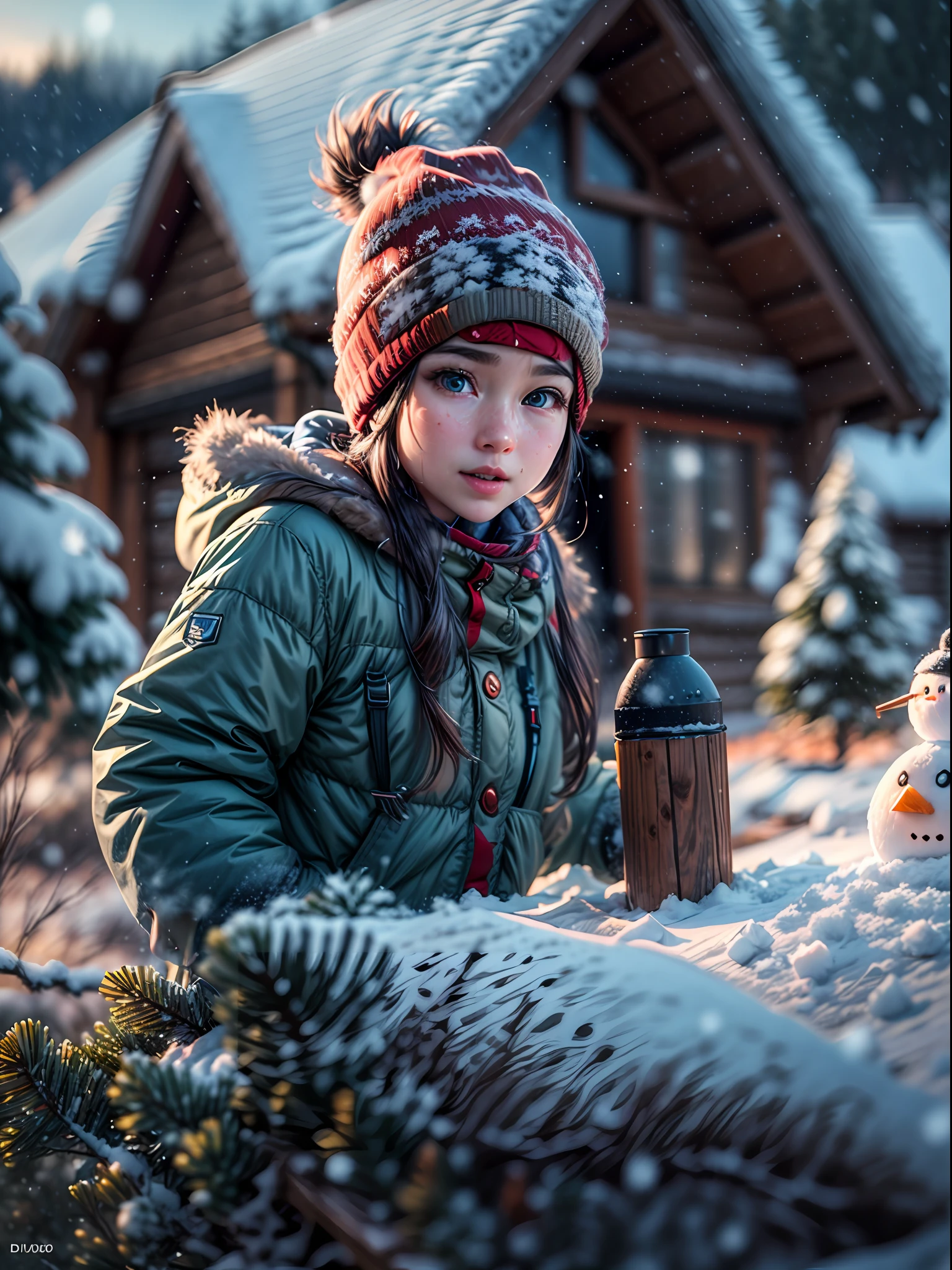 (masterpiece, high resolution, photo-realistic:1.4), playful child, (warm winter clothing:1.2) with a (bright red beanie:1.1) on their head, (thick black hair:1.2) framing their face, (sparkling light blue eyes:1.1) full of wonder, (crisp white snow:1.2) covering the ground, (glistening snowflakes:1.2) falling from the sky, (fluffy snowman:1.1) half-built nearby, (small snow shovel:1.1) in their hands, (rosy cheeks:1.2) from the cold, (snow-covered evergreen trees:1.2) in the background, (cozy wooden chalet:1.2) slightly blurred, (smoke rising from the chimney:1.1), (faint snow-capped mountains:1.1) in the distance, DSLR camera model: Nikon D850, lens: Nikon AF-S NIKKOR 24-70mm f/2.8E ED VR, Cinematic, Hyper-detailed, insane details, Beautifully color graded, Unreal Engine, DOF, Super-Resolution, Megapixel, Cinematic Lightning, Anti-Aliasing, FKAA, TXAA, RTX, SSAO, Post Processing, Post Production, Tone Mapping, CGI, VFX, SFX, Insanely detailed and intricate, Hyper maximalist, Hyper realistic, Volumetric, Photorealistic, ultra photoreal, ultra-detailed, intricate details, 8K, Super detailed, Full color, Volumetric lightning, HDR, Realistic, Unreal Engine, 16K, Sharp focus, octane render