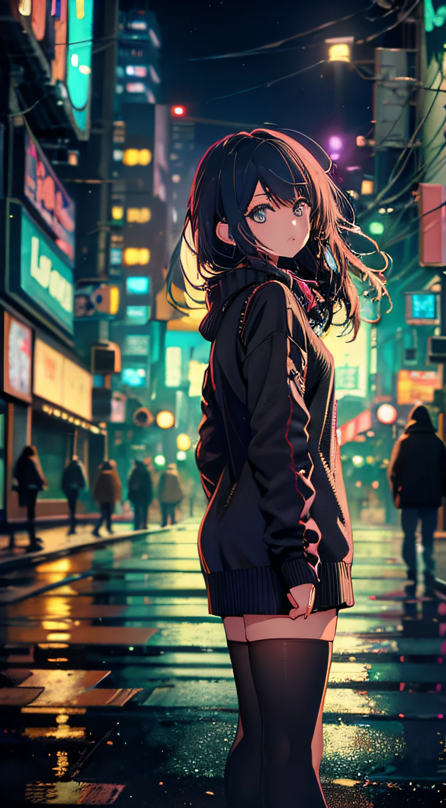 natta、Background of Cyberpunk City、After the rain、a street、teenage girl in comfortable sweater、Black stockings、back lighting、looking at viewert、Low Angle Lens、looking up the lens、perfect-composition、Perfect light and shadow delicacy、8k, extremely-detailed, detailed eyes
