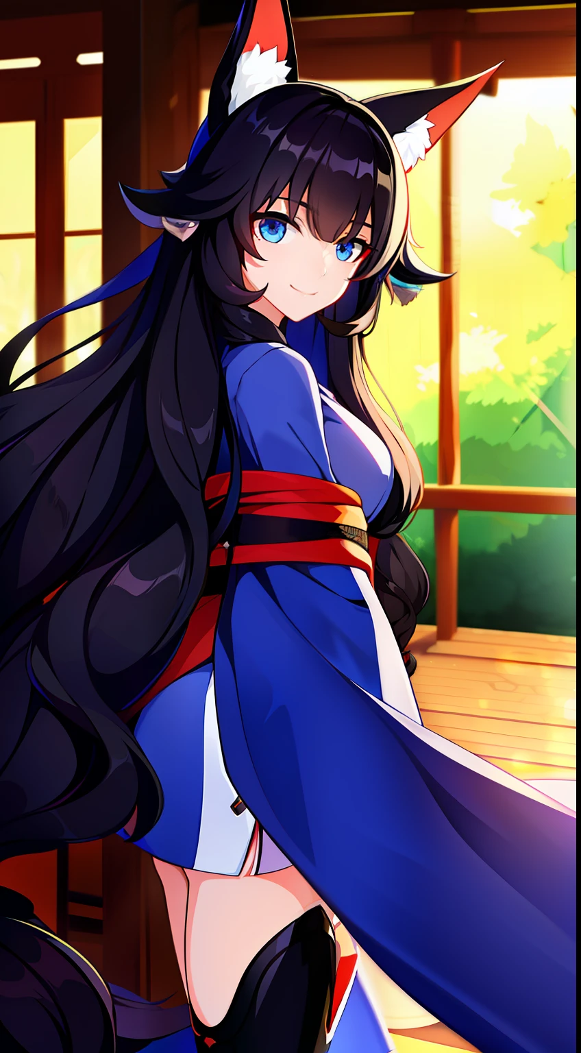 young girl, long curly black hair, Curls, Fox ears, Foxtail, blue eyes, open kimono, ssmile, Masterpiece, hiquality