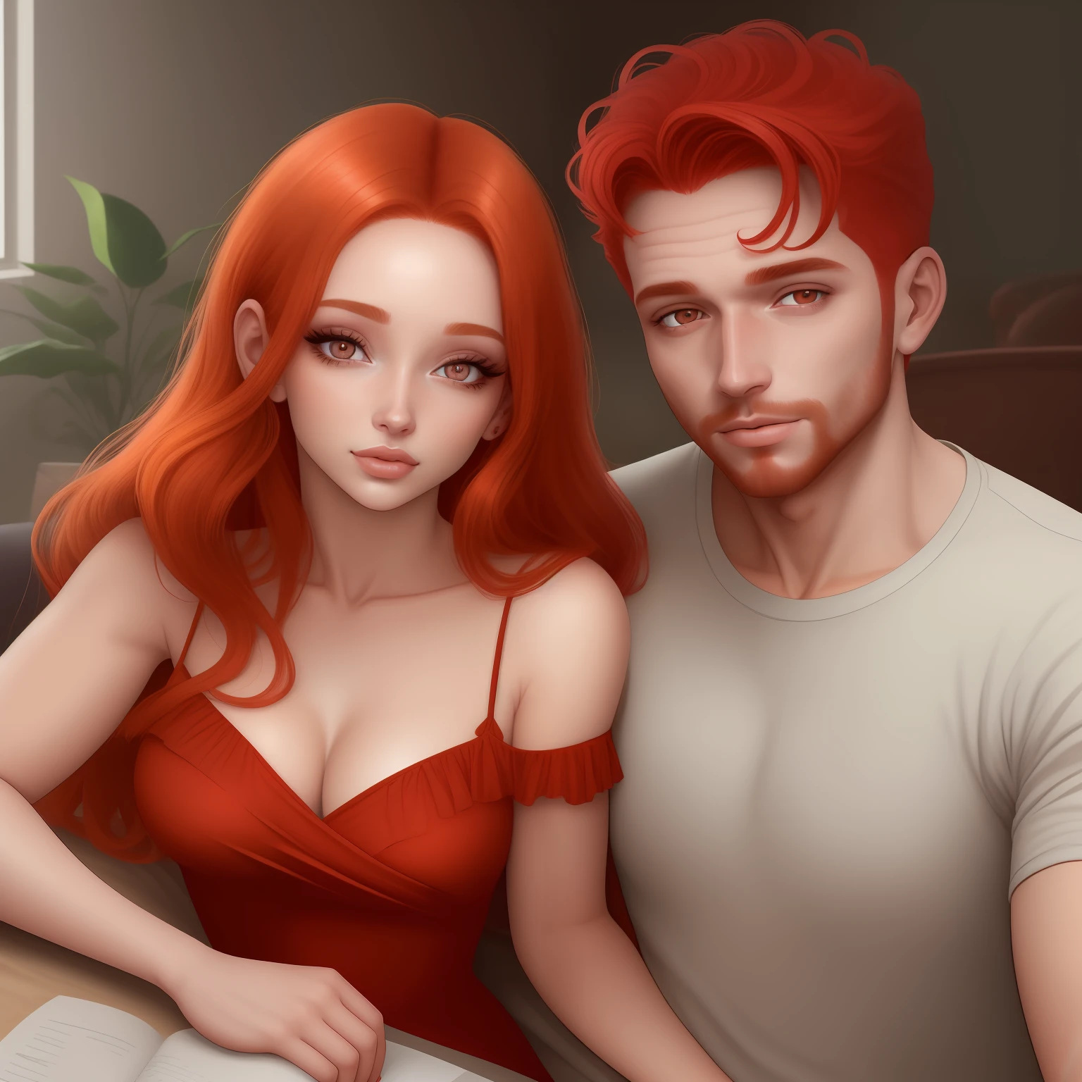 Illustration of couple, uma linda mulher ruiva, olhos azuis, vestindo um vestido vermelho sensual, olhando para o espectador, um lindo homem com cabelos loiro, com olhos azuis, olhar apaixonado, levemente forte