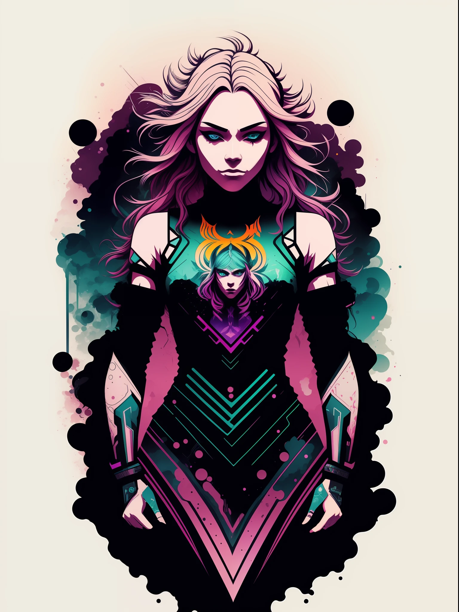 freyja, 2D t-shirt art, Cyberpunk, epic illustration, vector, 2d illustration, black background, very colorful, full gradient modern colors, Focused, front view