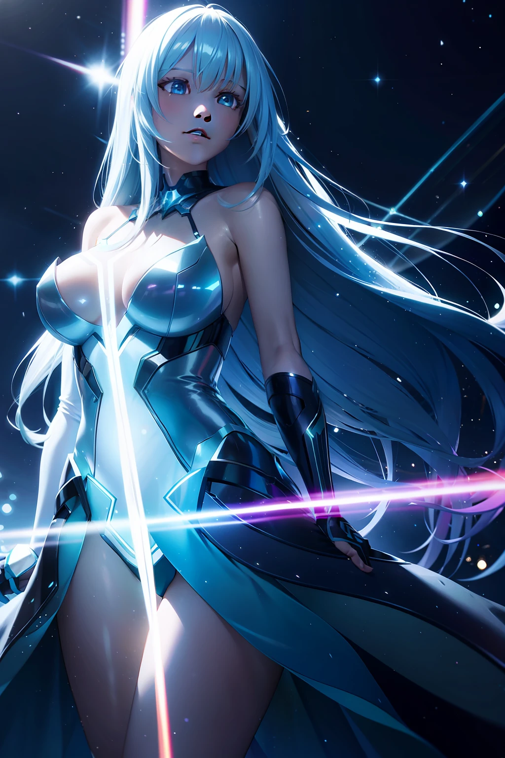 woman,long hair ,sunlight ,medium breasts, iridescent dress, glowing stars, A digital illustration, glowing stars, defraction spikes, chromatic aberration, AND (glowing, holofoil:0.6),
