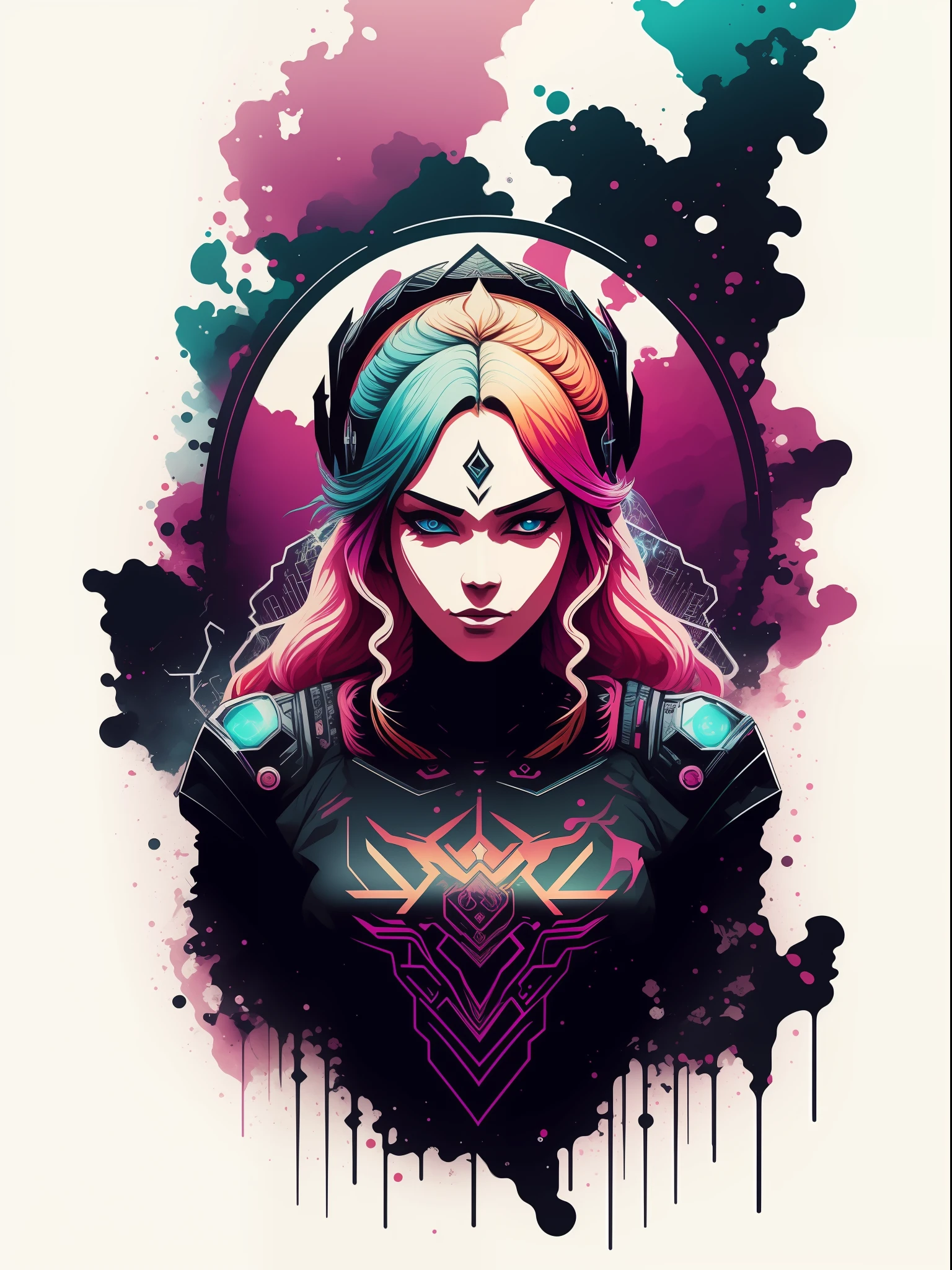 freyja, 2D t-shirt art, Cyberpunk, epic illustration, vector, 2d illustration, black background, very colorful, full gradient modern colors, Focused, front view