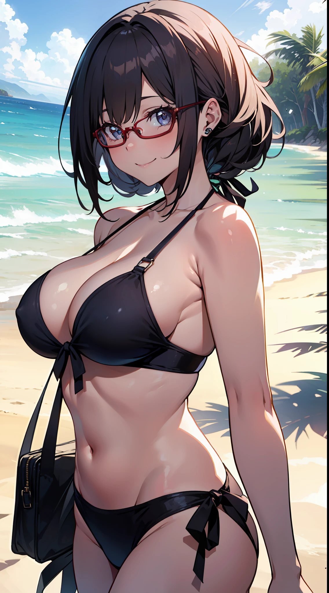 top-quality、masutepiece、1girl in、Beautiful girl with glasses、bikini、fleshy body、voluptuous breasts、Invincible smile、the beach、Cute anime illustration