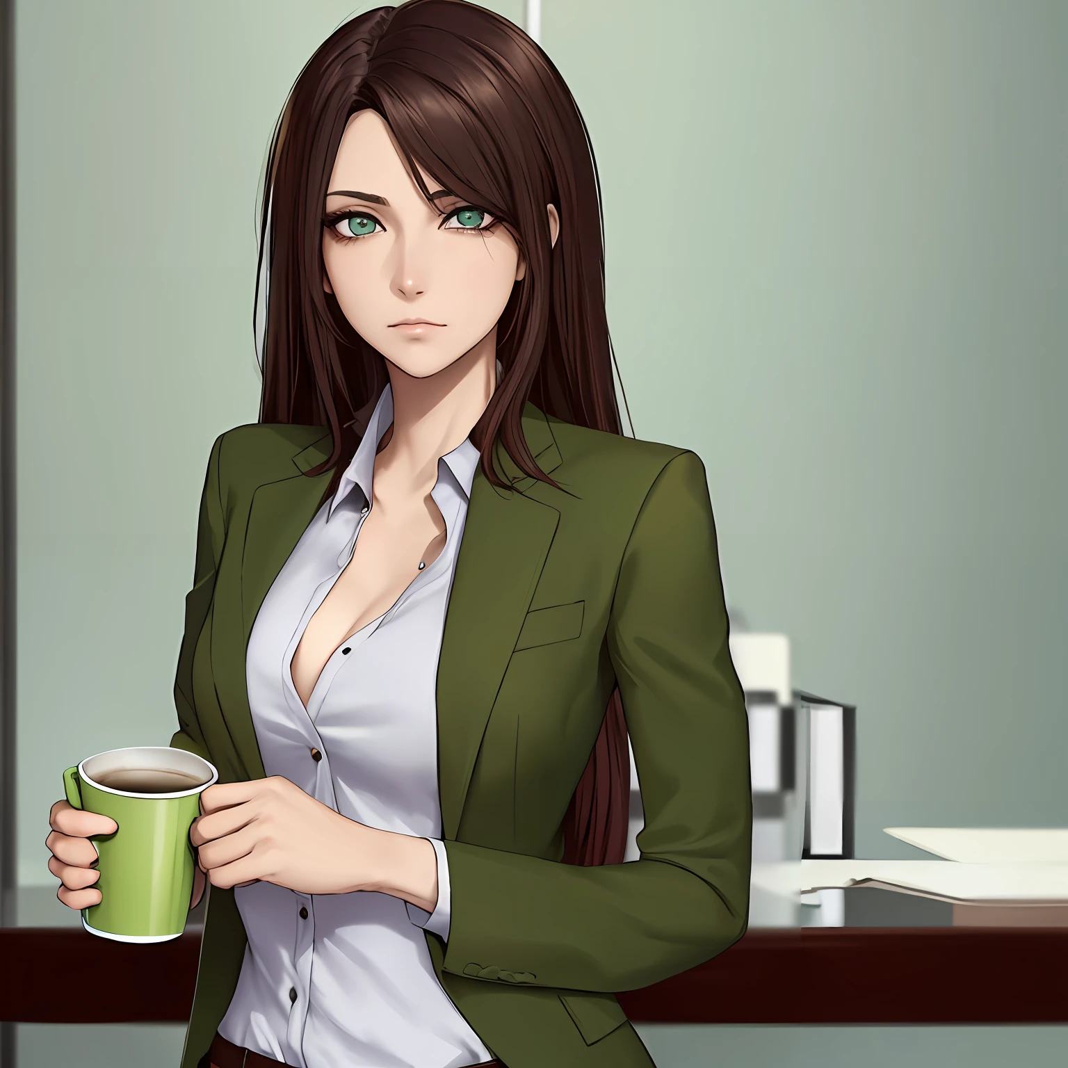 personagem de terno preto, feminina, holding a cup of coffee, olhos verdes, cabelos marrom, dark circles in the eyes in an office, tired expression, 4k
