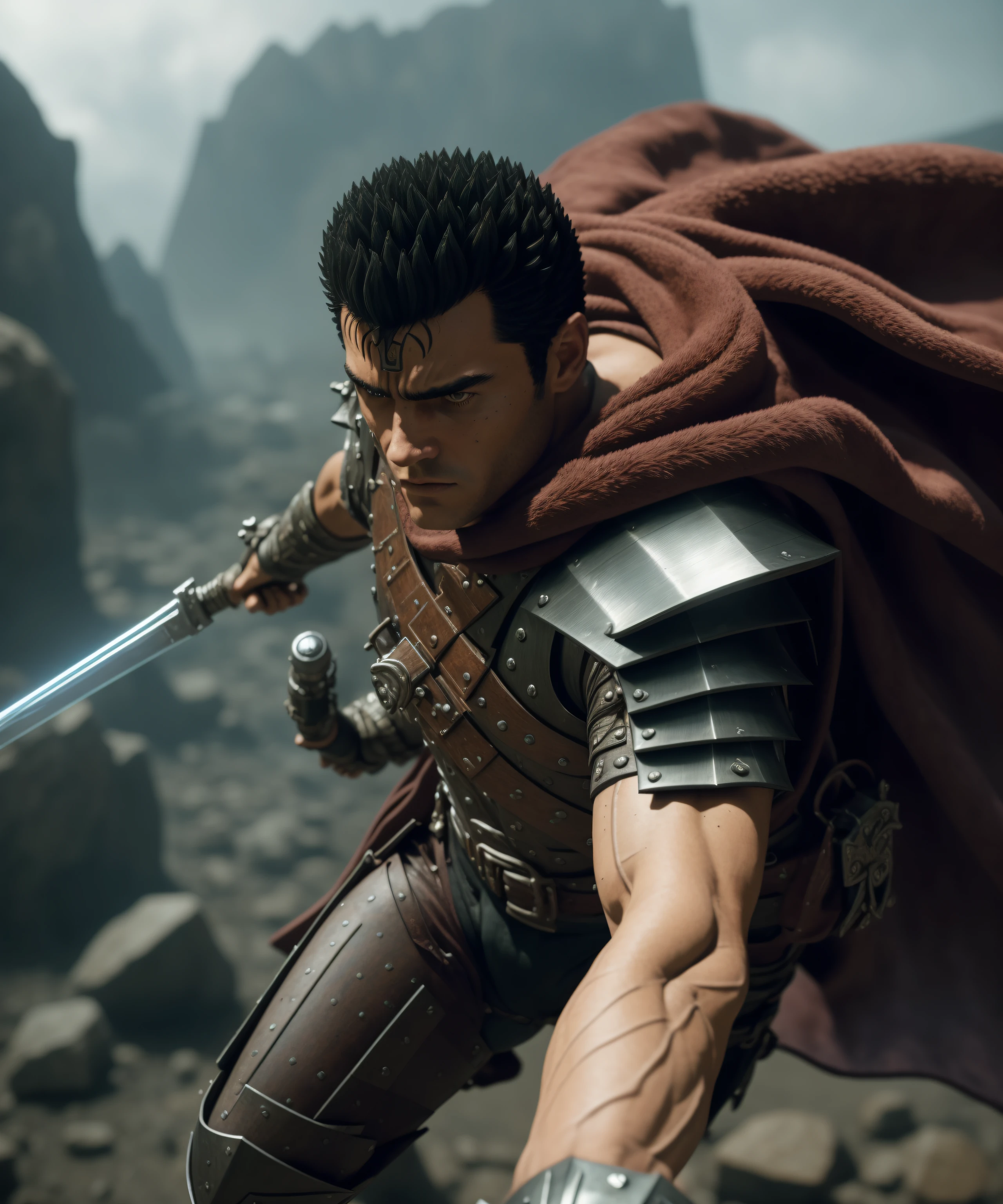 guts \(berserk\), manly, scar, dynamic angle, from above, running fighting stance, attack battle form, floating debris dust stones winds, armor, scar, bandages, black hair, cape, male focus, traditional media, cowboy shot, standing, (realistic:1.4), octane render, (photorealistic face), European, European face, sharp focus, (8k), (4k), (Masterpiece), (Best Quality), extremely detailed, intricate, hyper detailed, (soft lighting), (specular lighting:1.4), vibrant color, (outdoors), (cathedral),