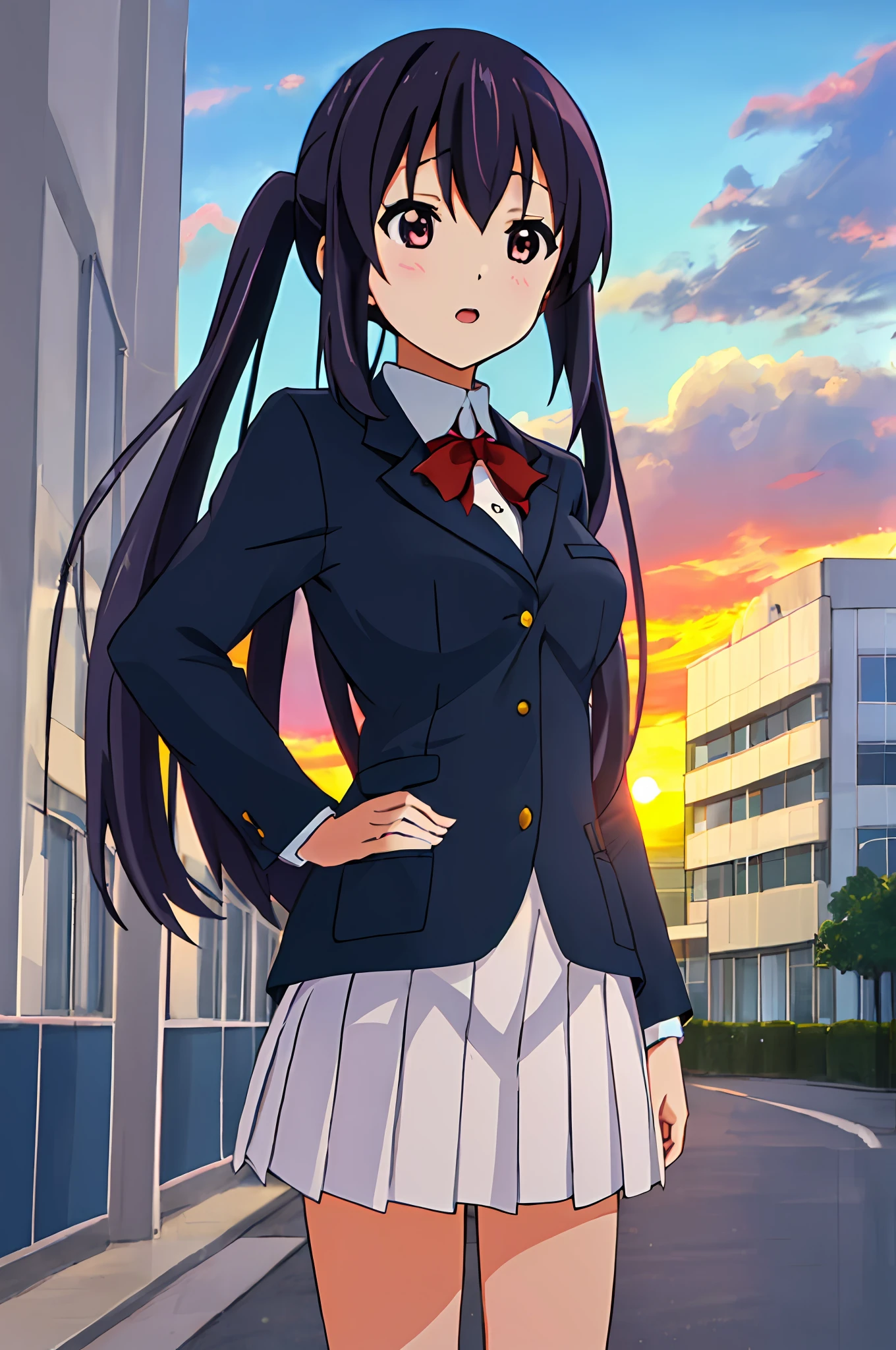 1girl in, (((​masterpiece))), top-quality, top-quality, high details, nakano azusa, 1girl in, Sakuragaoka High School Uniform, student clothes, Twin-tailed, length hair, A dark-haired, Brown-eyed, 独奏, reddish, Dark blue blazer with thin red ribbon, Solid white buttoned shirt under blazer, illustratio, comic strip, Soothing tones, Subdued Color, Soft cinematic light, adobe lightroom, Photolab, nffsw, intricately and hyper-detailed、(((depth of fields))))。(((​masterpiece)))。(((top-quality))).)((ultra-detailliert)))。(((illustratio)))。(((takeout))).Dynamic Focus.big breasts.(((highrise buildings))).(((A city scape))).(((Face of sadness))). Open mouth.(((put hands on the hip))).(((up chest))).((evening glow)).((the setting sun)).