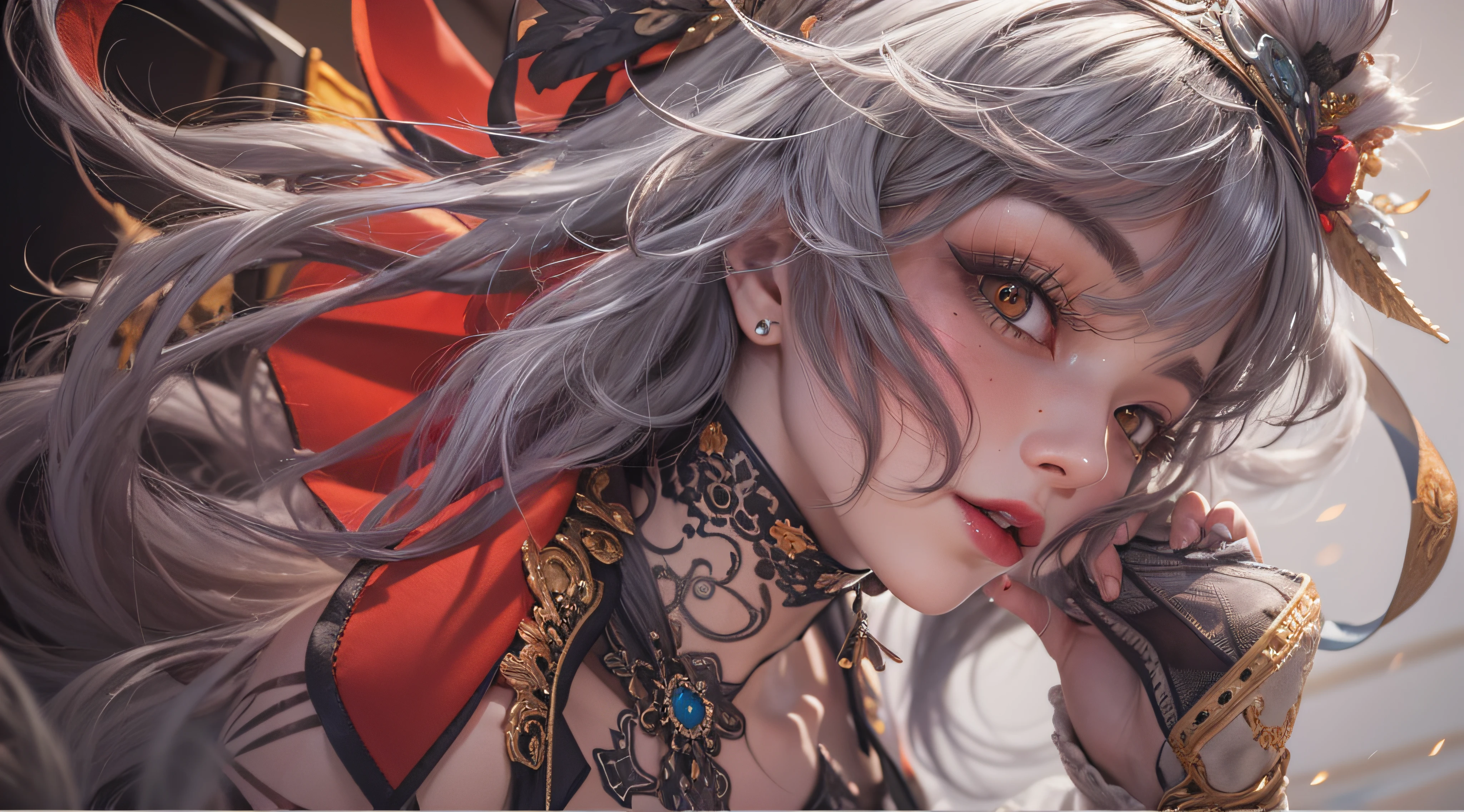 masutepiece, No clothes, Perfect ??????, Legs spread, ???, random provocative poses, beastly pose, of the highest quality, High quality, Highly detailed CG Unity 8k wallpaper, Art Station, Digital Illustration, with an intricate, 動向, awardwinning photo, depth of fields, nffsw, chromatic abberation, Realism, Highly detailed, Art Station Trends, CGsociety Trends, with an intricate, high detailing, Dramatic, 8K, 16 K, of the highest quality, Photon mapping, Radio City, Photorealistic, Elaborate CG, physically-based renderingt, ultra realistic realistic textures, unreal enginee 5, motion angles, Cinematic lighting, Dramatic Lighting, Professional Lighting, Slender face Very detailed and expressive eyes, Shiny hair, High Texture、Detailed face and skin, highly detailed skin with pores, Perfect body line, Perfect bust line, exquisite collar bone, Perfect clavicle, Bewitching and mysterious oriental adult woman, Vampire, Red Lipstick, Red Eyes, Red Eye Shadow, Long gray hair with a glossy waist, sadistic smile, Tattoos all over the body, Gothic architecture of the 19th century、Stately research、fine furniture、Velvet upholstered chair、plush bookcase、fireplace、nighttime scene、Dim lighting、moonlights、