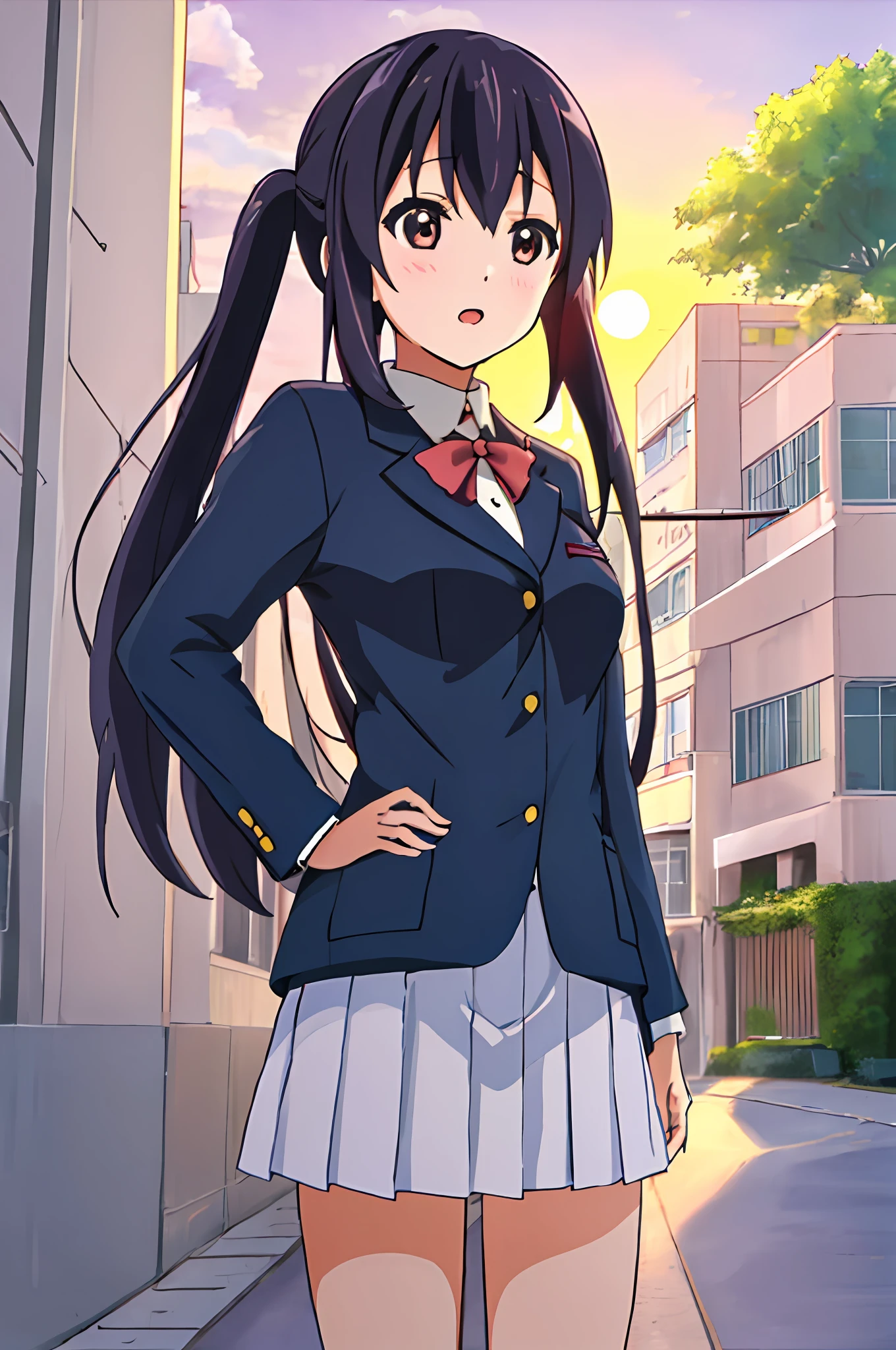 1girl in, (((​masterpiece))), top-quality, top-quality, high details, nakano azusa, 1girl in, Sakuragaoka High School Uniform, student clothes, Twin-tailed, length hair, A dark-haired, Brown-eyed, 独奏, reddish, Dark blue blazer with thin red ribbon, Solid white buttoned shirt under blazer, illustratio, comic strip, Soothing tones, Subdued Color, Soft cinematic light, adobe lightroom, Photolab, nffsw, intricately and hyper-detailed、(((depth of fields))))。(((​masterpiece)))。(((top-quality))).)((ultra-detailliert)))。(((illustratio)))。(((takeout))).Dynamic Focus.big breasts.(((highrise buildings))).(((A city scape))).(((Face of sadness))). Open mouth.(((put hands on the hip))).(((up chest))).((evening glow)).((the setting sun)).