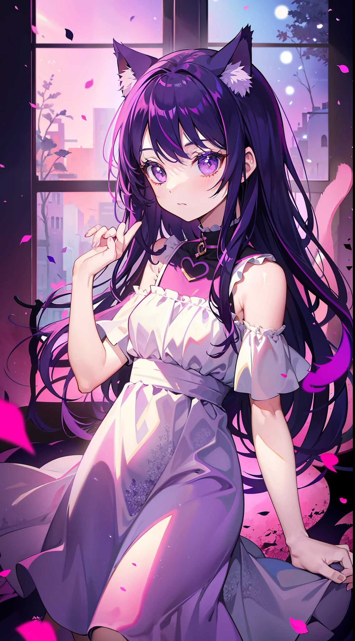 A , Shoulders Long Hair, Purple Hair, Small Purple Cat Ears, A Purple Cat Tail, long dress beautiful, Amine Style, kitten