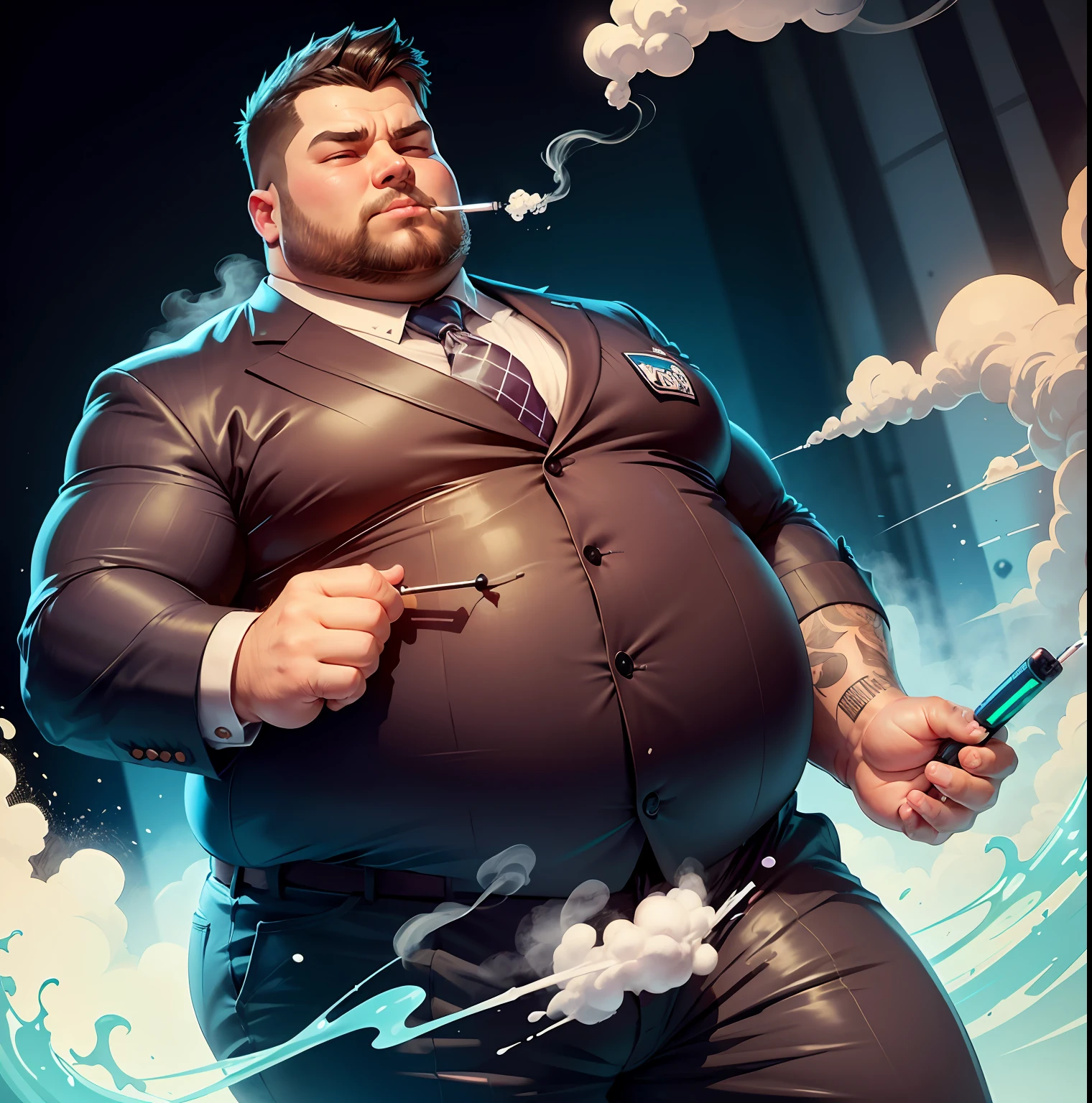 Cartoon illustration for logo of a man in overweight suit holding a wotofo electronic cigarette sticking out too much steam