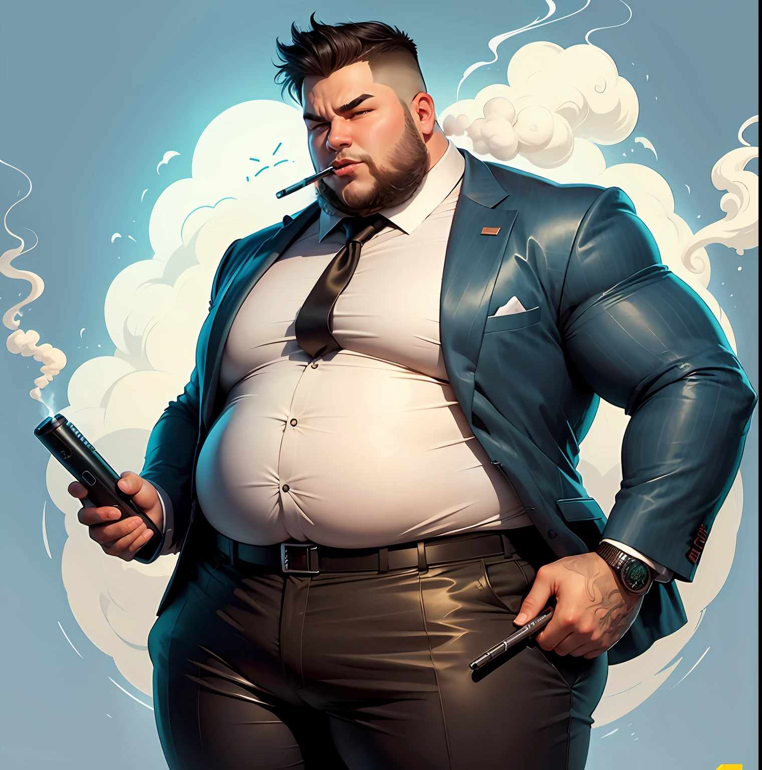 Cartoon illustration for logo of a man in overweight suit holding a wotofo electronic cigarette sticking out too much steam