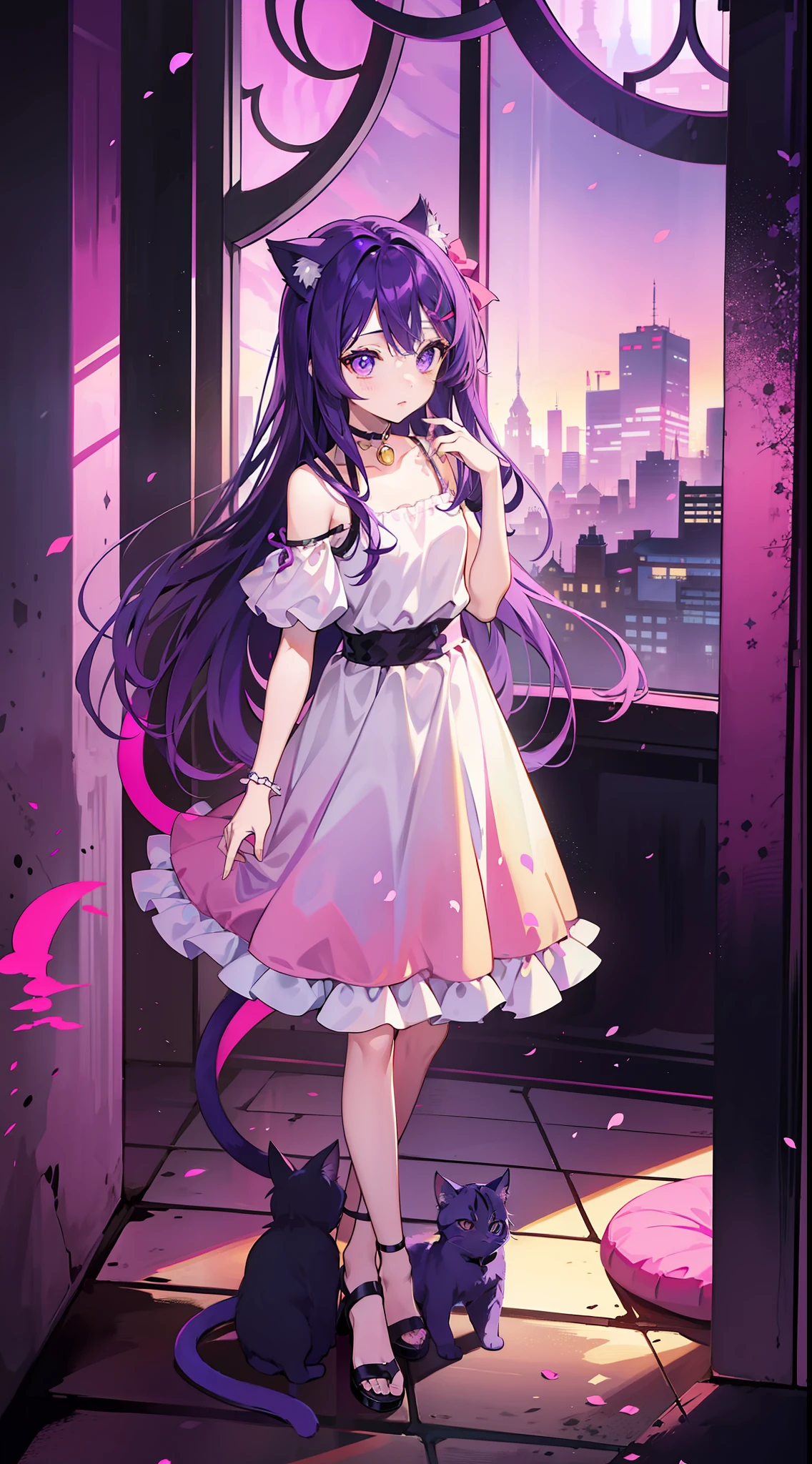 A , Shoulders Long Hair, Purple Hair, Small Purple Cat Ears, A Purple Cat Tail, long dress beautiful, Amine Style, kitten