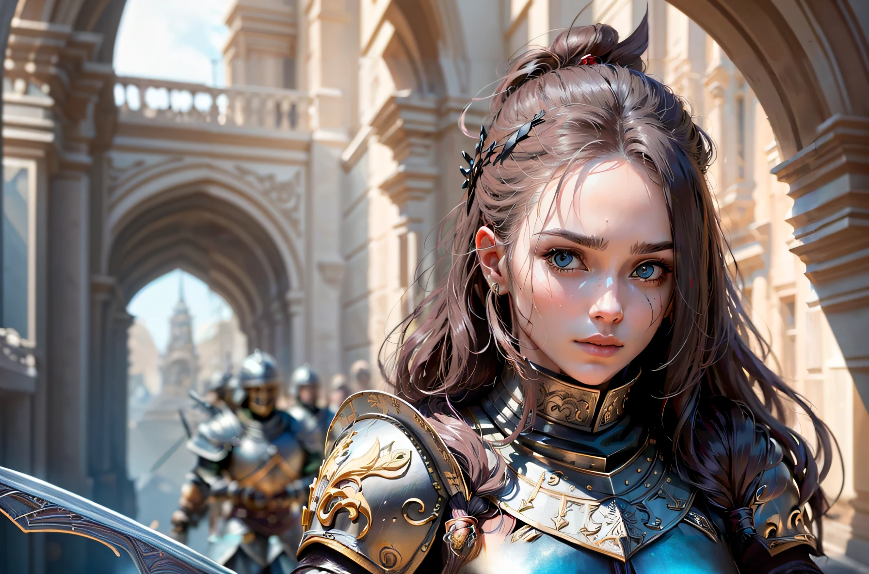 Arafed Mujer con armadura con una espada y una espada en la mano, 2. 5 d cgi anime fantasy artwork, Wojtek FUS, Fantasy art style, Alicia X. Zhang, epic fantasy art style, fantasy concept art portrait, epic fantasy digital art style, portrait knights of zodiac girl, Chica con armadura de caballero, Hermosa pintura de personajes, Detailed fantasy art