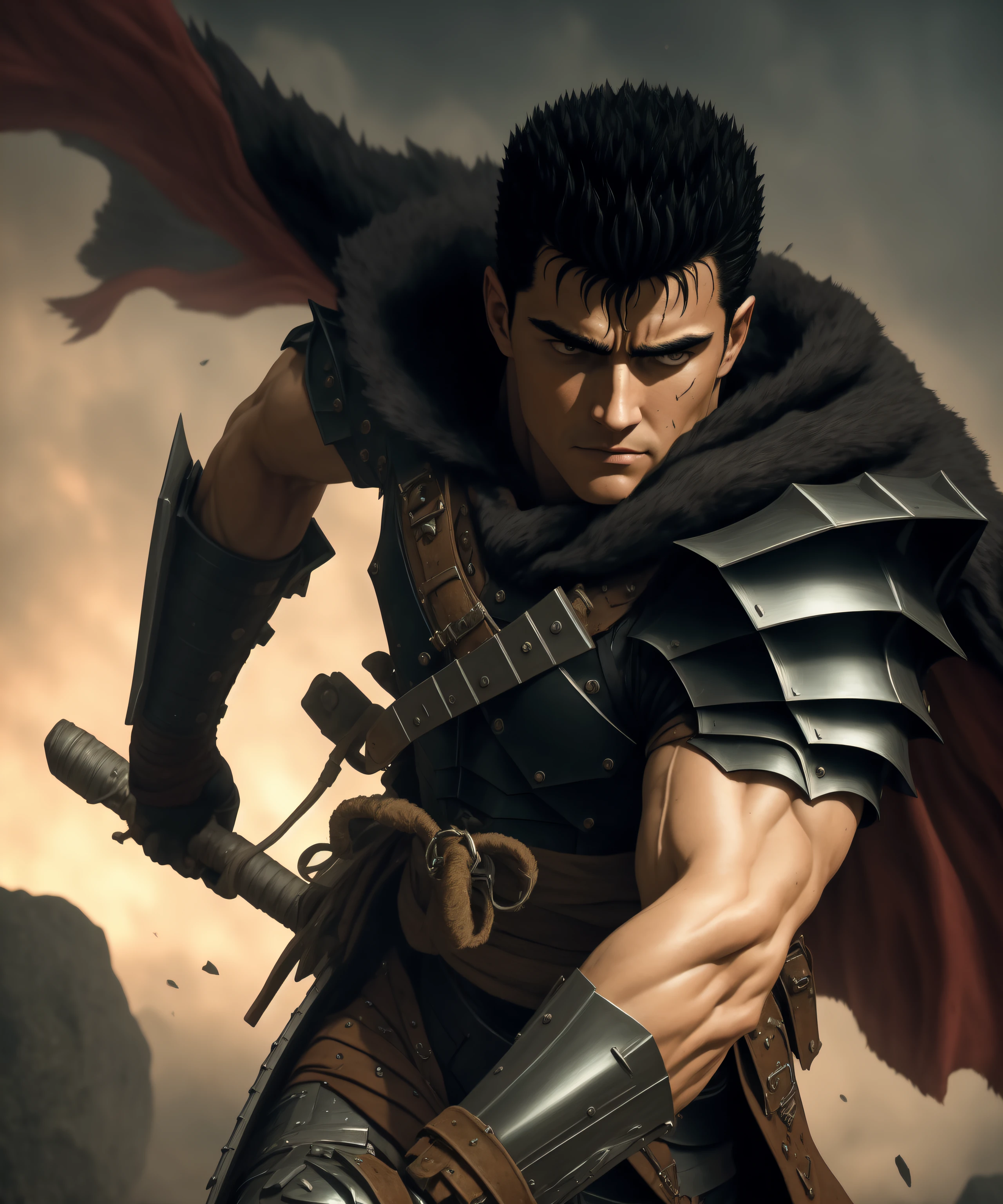guts \(berserk\), manly, scar, dynamic angle, from above, running fighting stance, attack battle form, floating debris dust stones winds, armor, scar, bandages, black hair, cape, male focus, traditional media, cowboy shot, standing, (realistic:1.4), octane render, (photorealistic face), European, European face, sharp focus, (8k), (4k), (Masterpiece), (Best Quality), extremely detailed, intricate, hyper detailed, (soft lighting), (specular lighting:1.4), vibrant color, (outdoors), (cathedral),