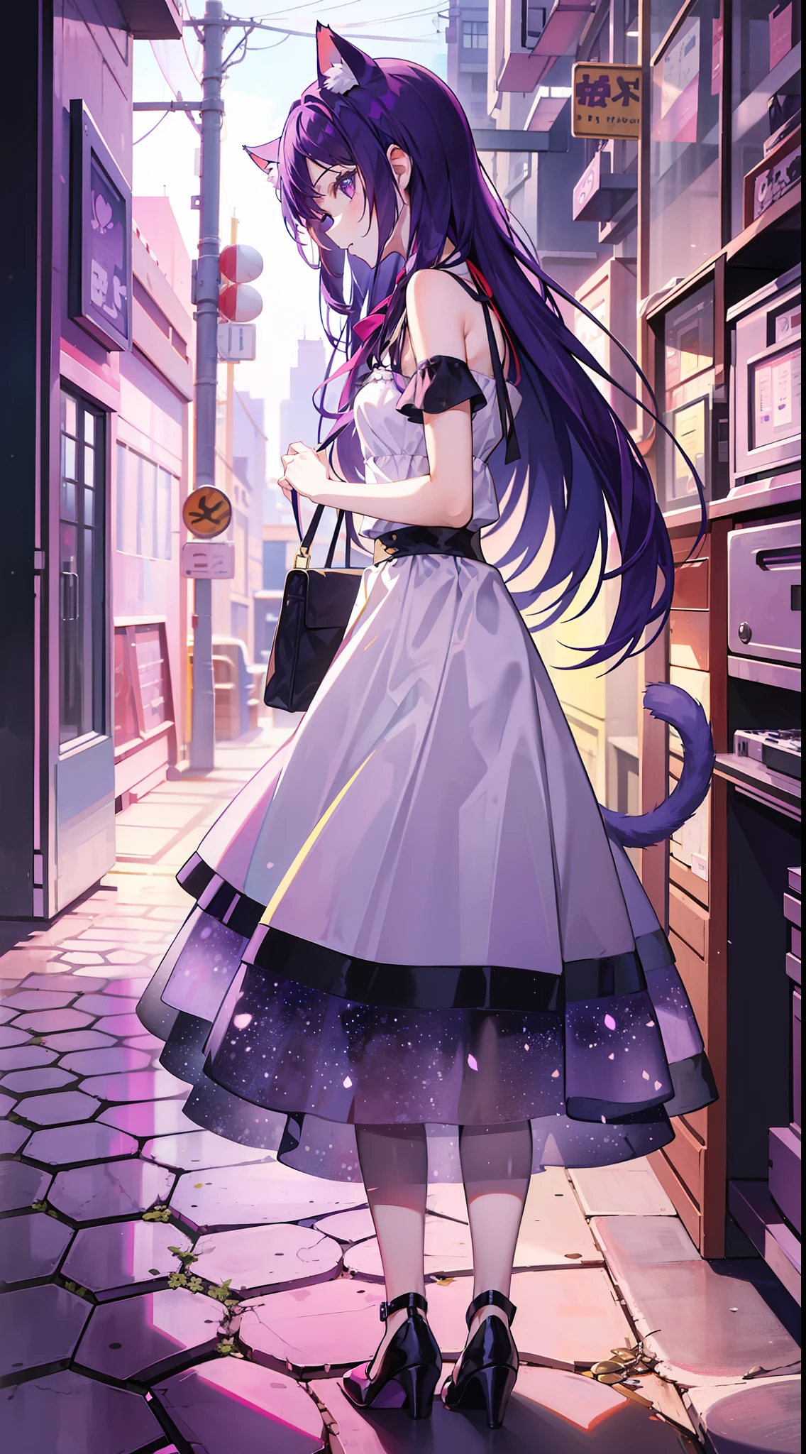 A Little Girl, Shoulders Long Hair, Purple Hair, Small Purple Cat Ears, A Purple Cat Tail, long dress beautiful, Amine Style, kitten