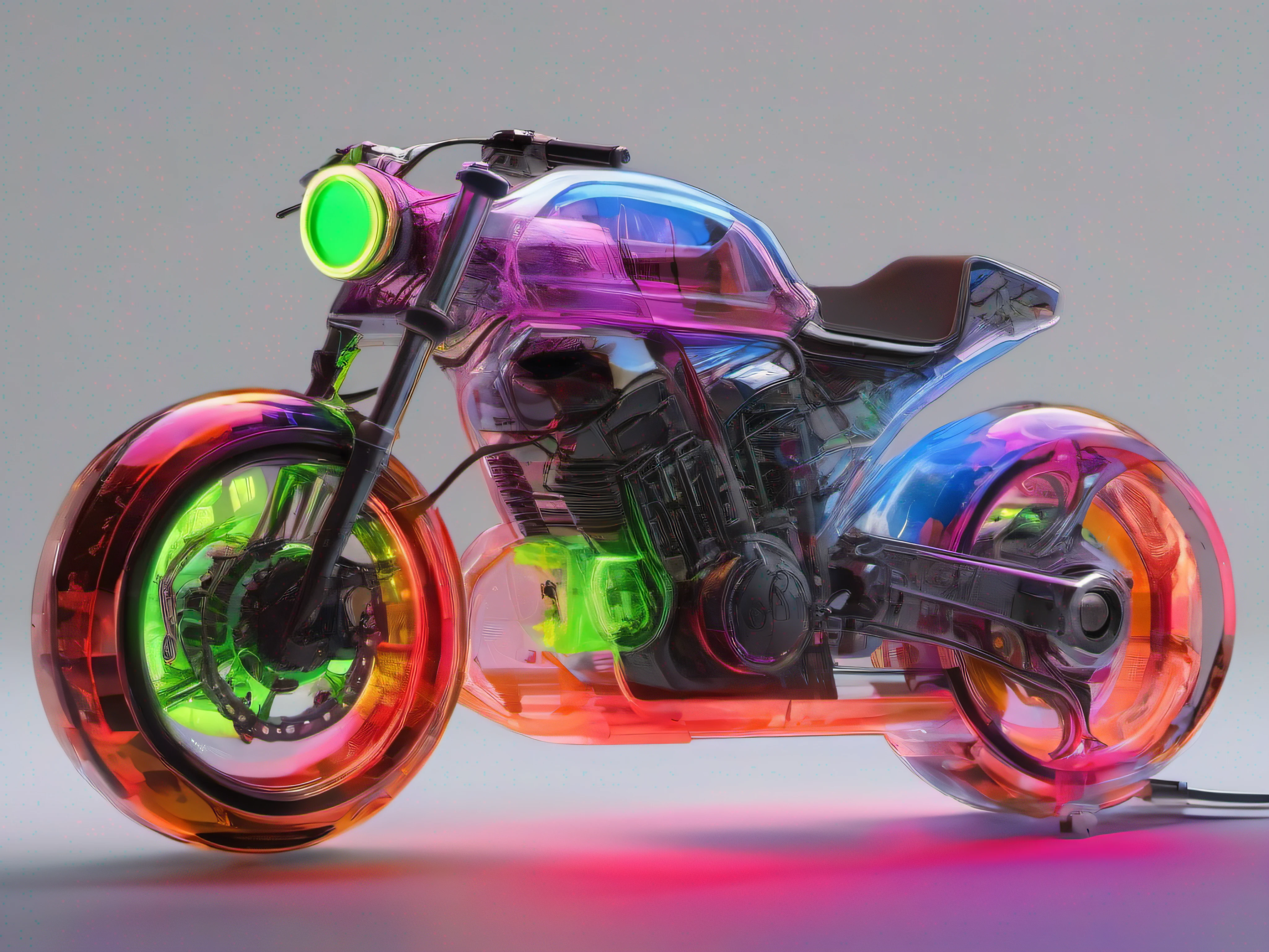 1 transparent naked bike, Colored Transparent plastic, Cyberpunk, Industrial design, clean, Luminous neon lamp, White background, Surrealism,
