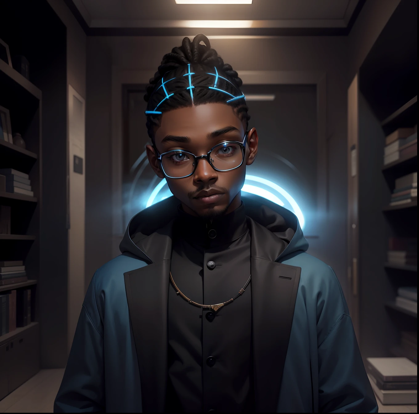 1 boy, brown skin, round glasses, tied dreads hair, realistic art, close up, classit outfit, eyeglasses, jacket, parametric interior design, ash gray, black, cerulean blue color, discolored, light colors, snow white color, vantablack, white, afrofuturism, triboluminescence --niji --q 0.25