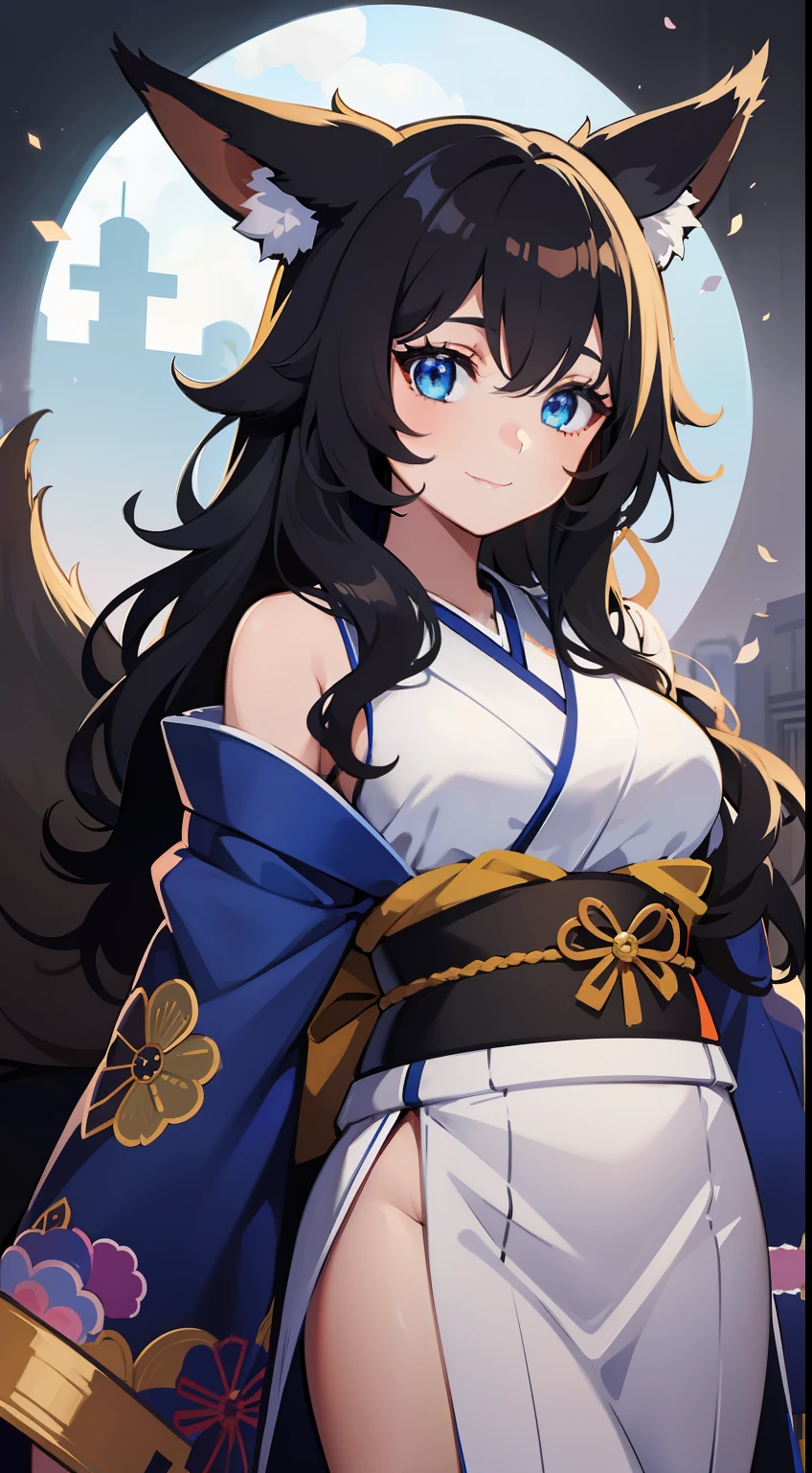 young girl, long curly black hair, Curls, Fox ears, Foxtail, blue eyes, open kimono, ssmile, Masterpiece, hiquality