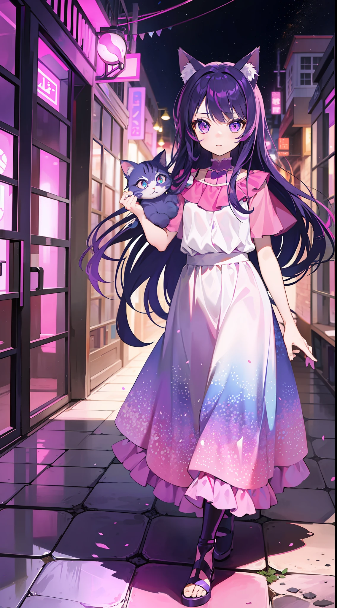 A Little Girl, Long Hair, Purple Hair, Small Purple Cat Ears, A Purple Cat Tail, long dress beautiful, Amine Style