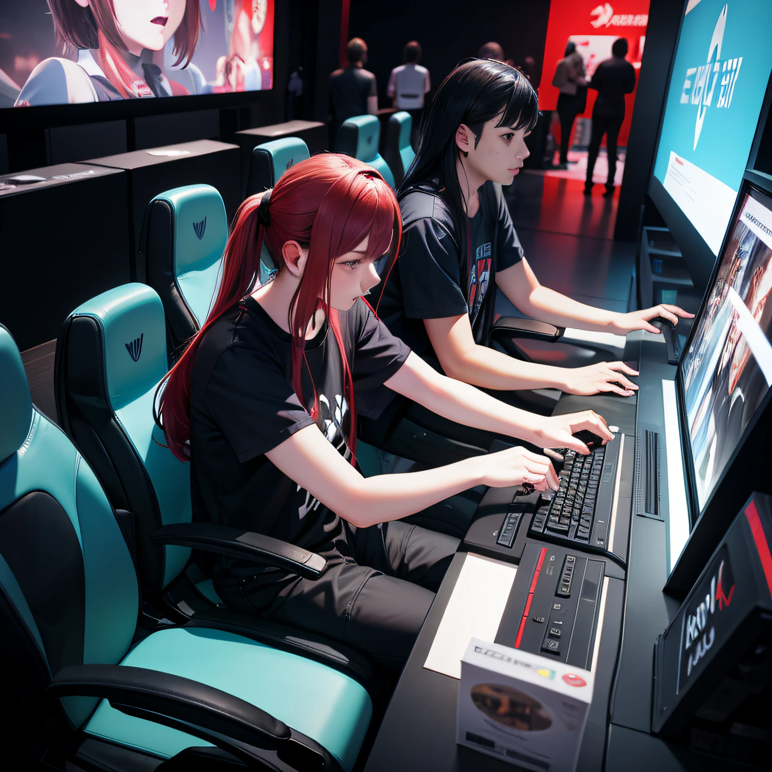 A lot of people play games in a game exhibition，The overall style presents an e-sports bopunk feel
