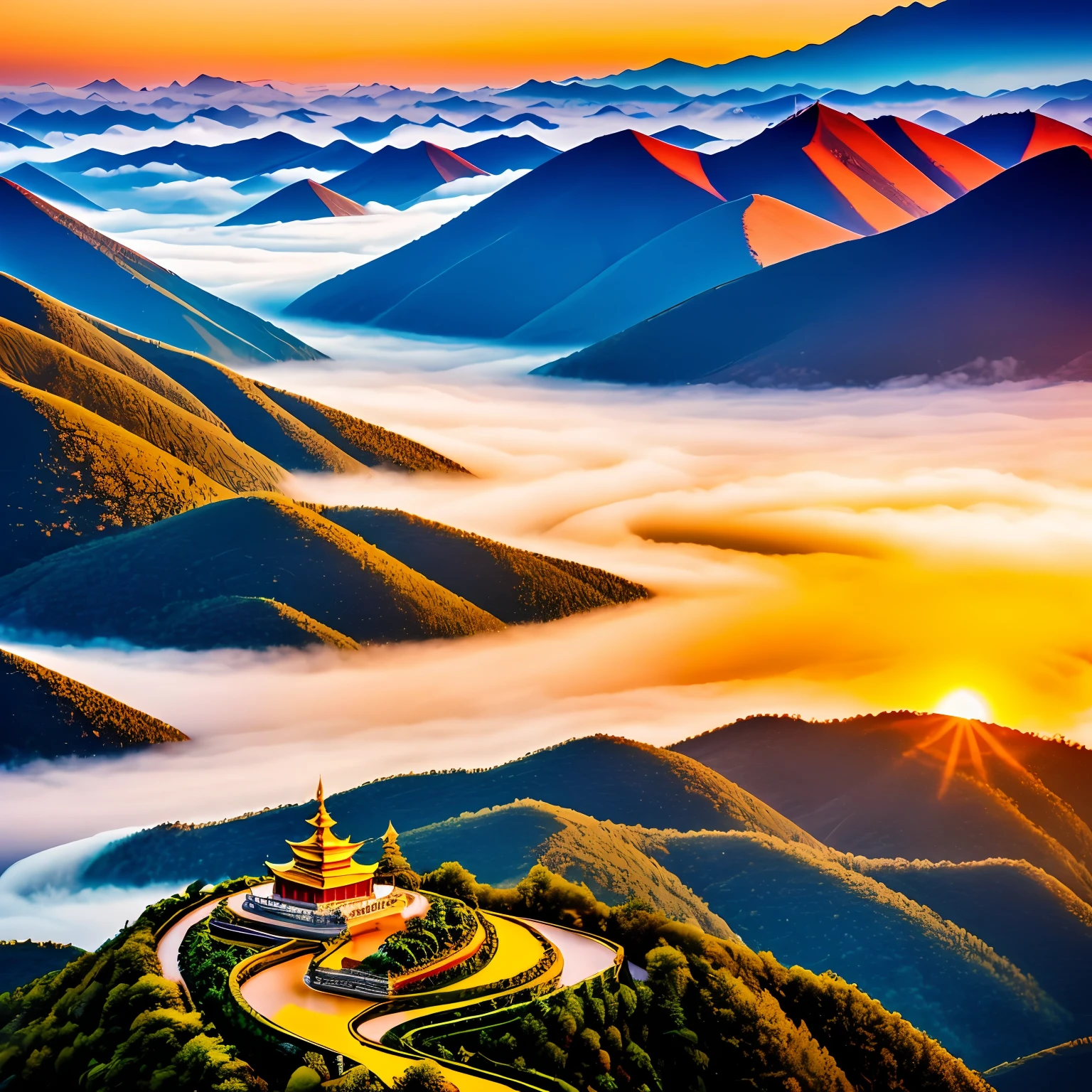 buddha, a beautiful buddhist mandala, fogs, a yellow Chinese dragon, on the sky. best quality, masterpiece, highres, shuimobysim, wuchangshuo, bonian, zhenbanqiao, badashanren, mountainous horizon, river, sunset. On the island, 8K, super detail,