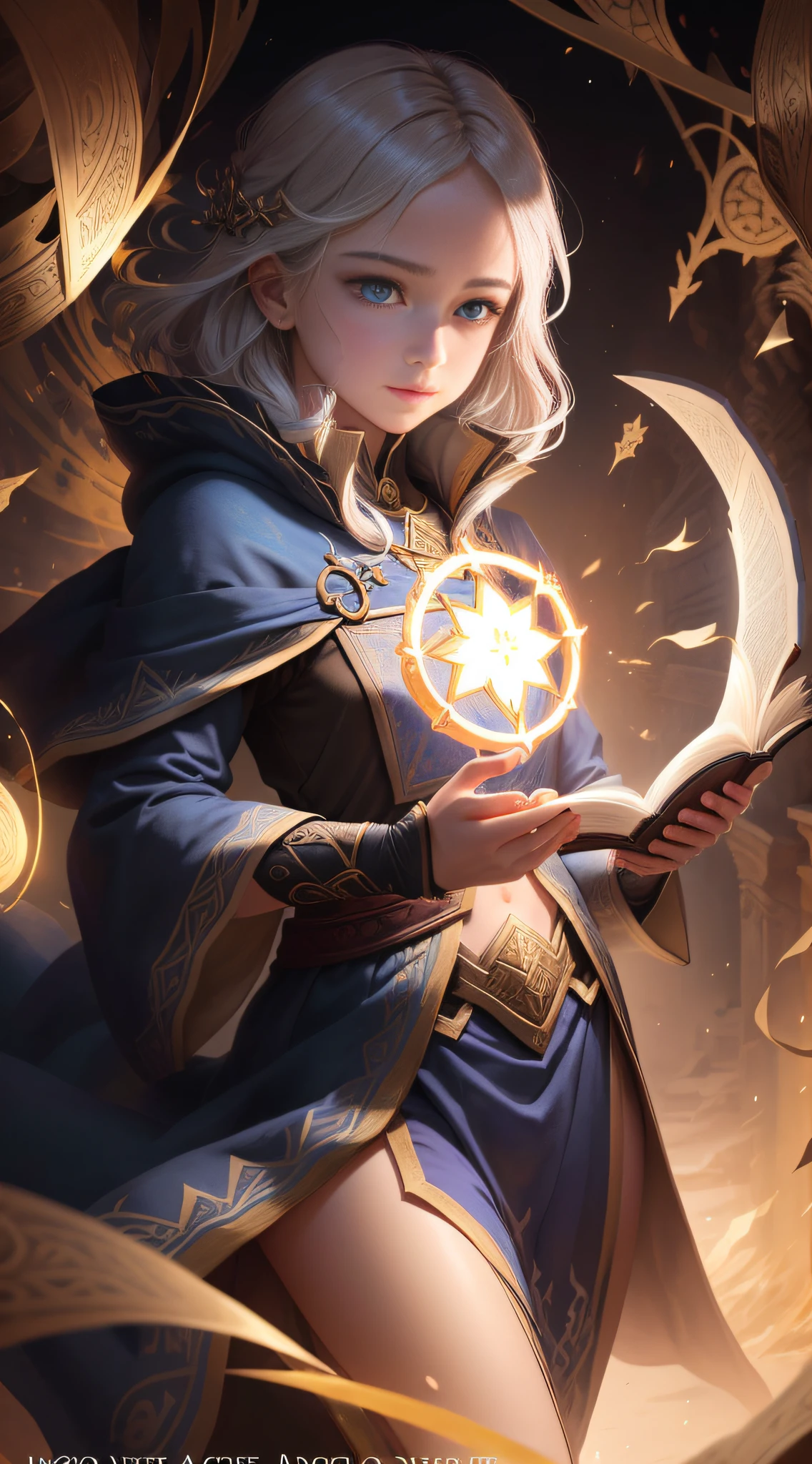 s the ancient tome crackled open, the young mage's eyes widened in amazement as arcane symbols danced on its pages, promising untold power and mysteries yet unraveled...