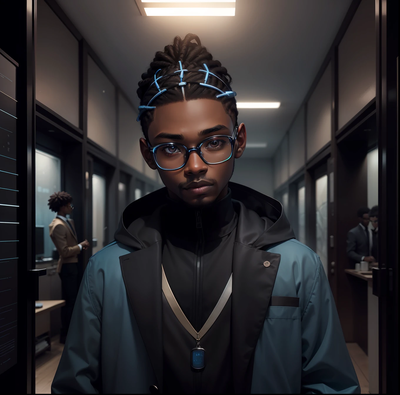 1 boy, brown skin, round glasses, tied dreads hair, realistic art, close up, classit outfit, eyeglasses, jacket, parametric interior design, ash gray, black, cerulean blue color, discolored, light colors, snow white color, vantablack, white, afrofuturism, triboluminescence --niji --q 0.25