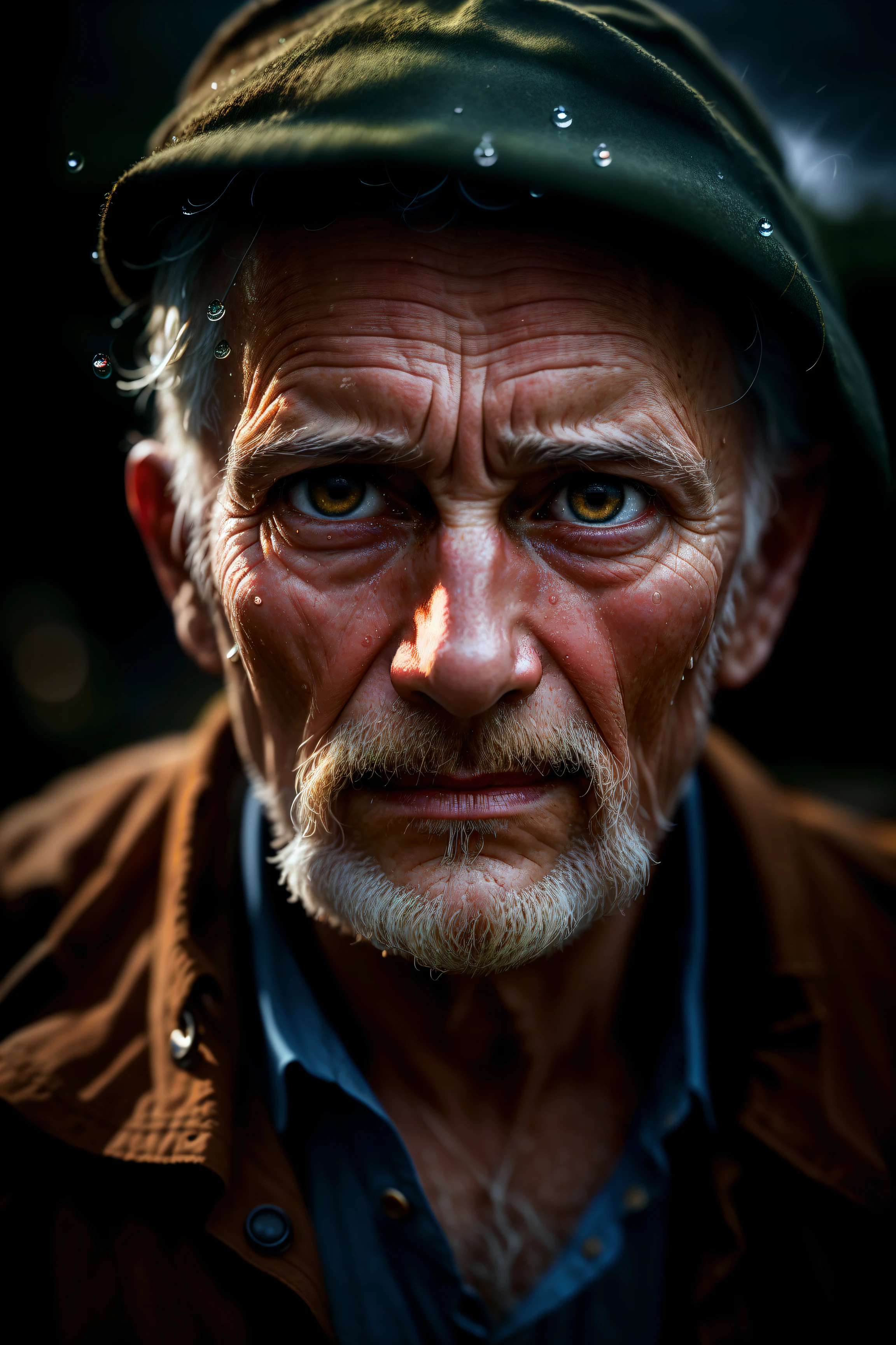 (sharp focus:1.2), an award winning photo of an old man peasant, water droplets, thunderstorm outside, lightning back lighting, , lines on face, wrinkles, extremely detailed skin, sadness, hopelessness ,cloudy eyes, (deep shadows:1.1), high contrast, beautiful eyes, absurdres, 8k, (high quality:1.3), , artstation hd, concept art, detailed face and body, award-winning photography, (moody lighting:1.2), depth of field, bokeh, 4K, HDR