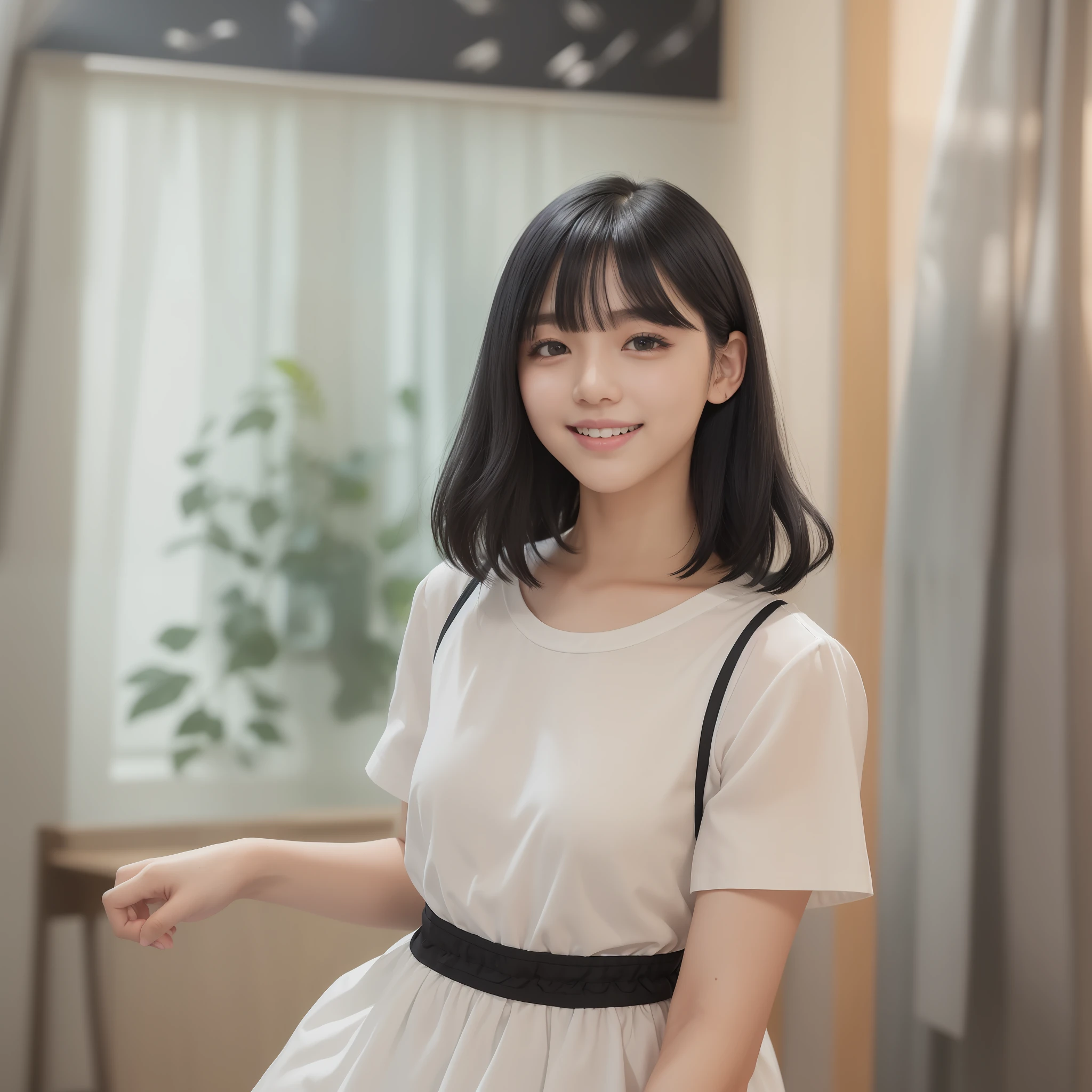 With the best image quality、age girl standing in room。(((Black Hair Bob Hair)))、Cute smile with mouth closed.。Fabric thin white short sleeve dress