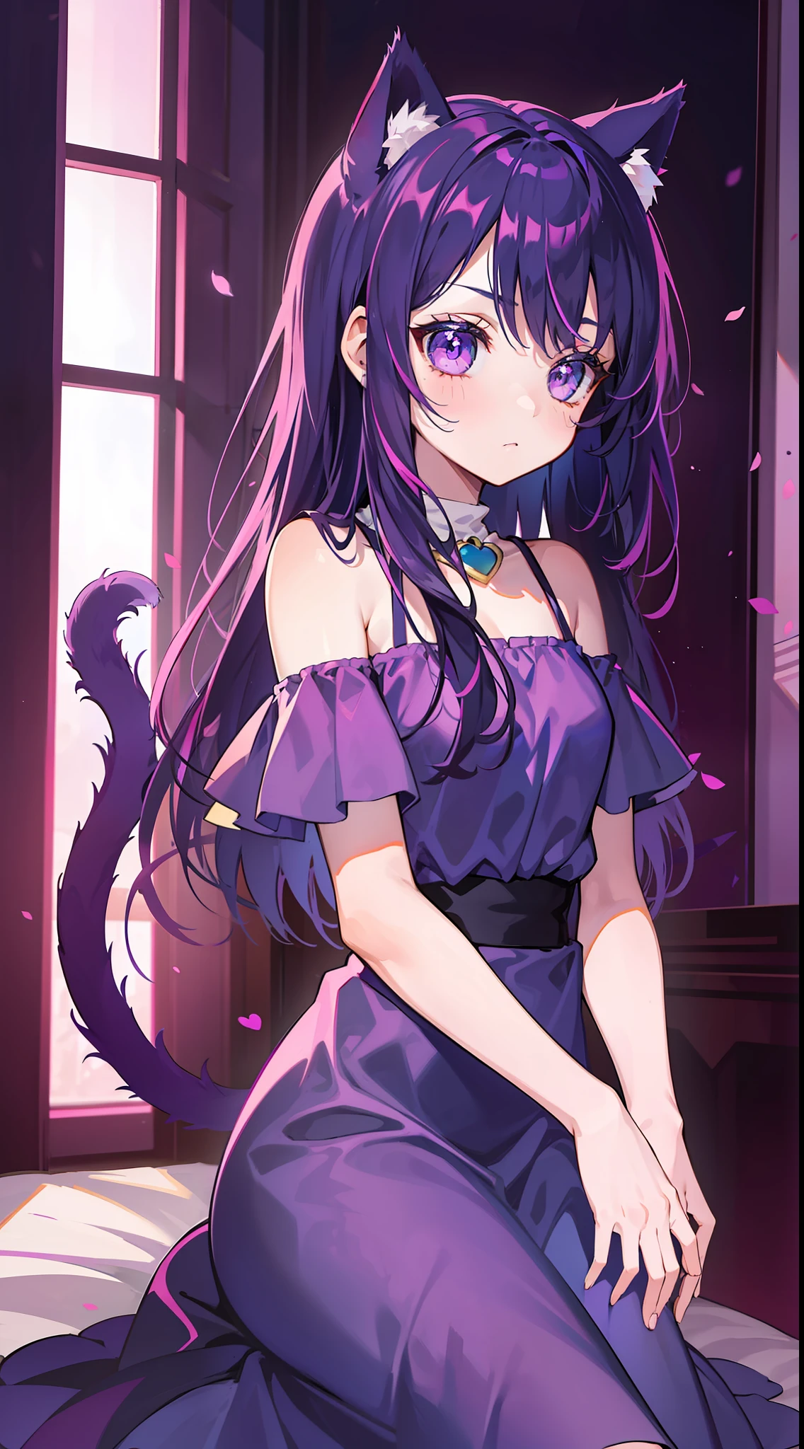 A , Shoulders Long Hair, Purple Hair, Small Purple Cat Ears, A Purple Cat Tail, long dress beautiful, Amine Style, kitten