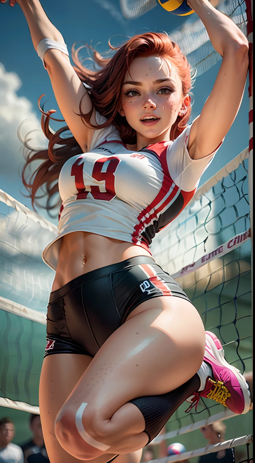 Hard breast, redhead, red hair, freckles, long straight hair, smiling, European youth, (jump and hit the ball, a girl playing volleyball, volleyball uniform), detailed face, detailed eyes, leg focus,  fashion photorealism, photography, sharpness, unique 850 4, rich color, hyperrealistic texture, spectacular light texture, surreal art, Cinestil 800 fashion mechanism