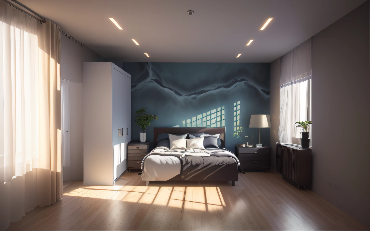 Bedroom with table and chairs,Minimalist style,The right window sees out the window,There is a solid color background wall in the middle,1-point perspective, 5 point perspective, 3 d point perspective, dessin au trait, overlap perspective, Dimly lit bedroom, Ultra photo realsisim, tmasterpiece, best qualtiy, ultra - detailed, 超高分辨率, RAW photogr, 8K, Modern living room,(Fabric sofa),(Fabric pillows),Stone opaque resin panel,Brown and white,posh,Charming lighting style,Light gold and light black,Li Shuxing,A fusion of tradition and modernity,Soft atmospheric light,Hard-edged lines,(janelas),Fabric blinds,blue-sky,, tmasterpiece,Ultra photo realsisim,32K,best qualtiy