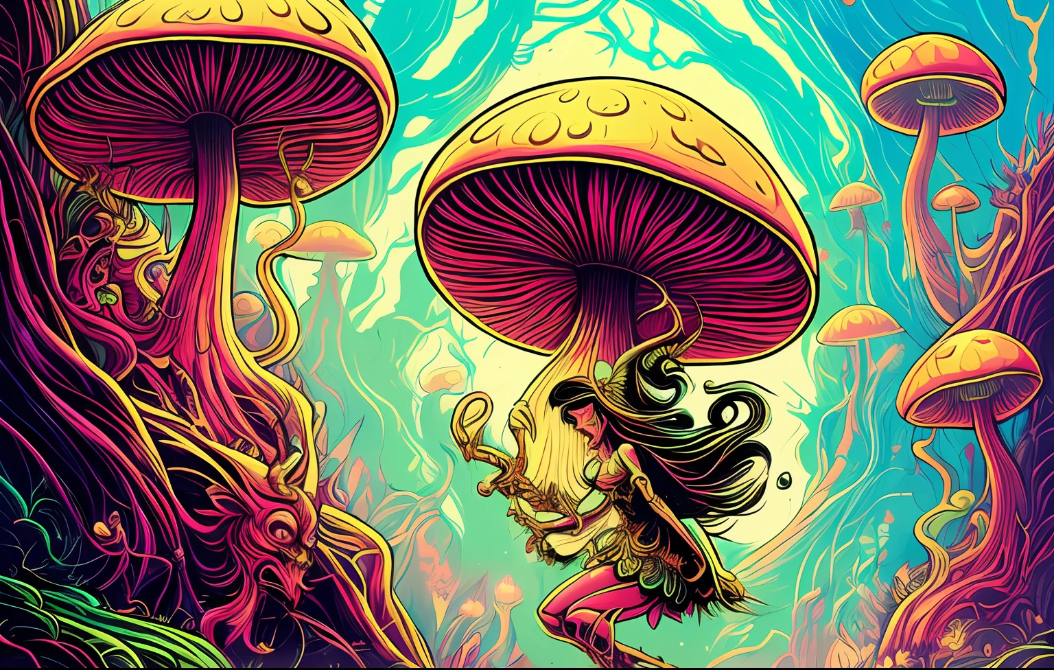 Por (dan mumford: 1.4) extremely epic illustration, Costume enchanted beautiful mushroom with bright pastel colors and gold,  neon lighting, (linhas grossas: 1.5), contornos grossos, baixo detalhe, dancing witches