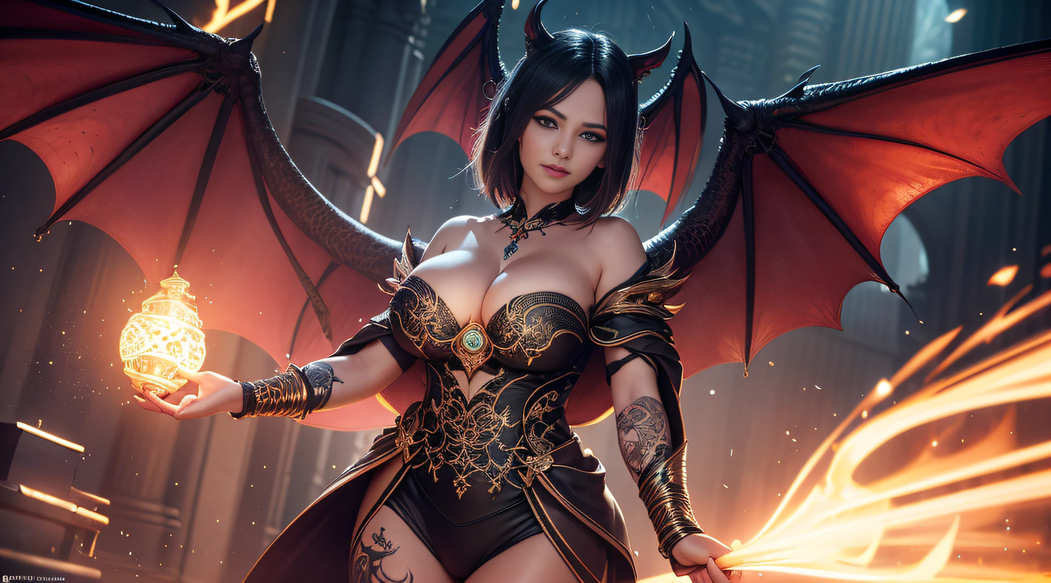 a matural female,Dragon's horn,Bat wings,Tattooed with,eyes glowing,magia,Large breasts,magnificent robe,complex patterns,palaces,(skin indentation:1.5), realisticlying, realisticlying, (Masterpiece:1.5), concept-art, intricately details, highly detailed, realisticlying, rendering by octane, 8K, unreal-engine, dynamicposes, Best quality at best, A high resolution, (photorealiscic face:1.1), (Hyper-realistic:1.1), perfect eyes,(shiny skins:1.2), Radiant force, smog, magia, ((Dramatic)), Epic, battlefiled, depth of fields, Background bokeh, 4K, ashes, Particle,