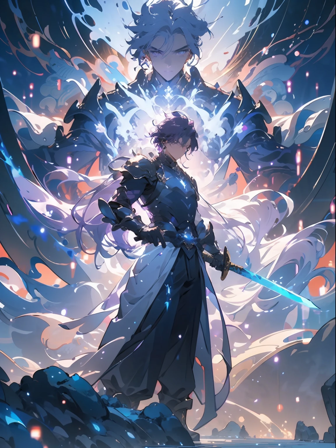 Oist，（tmasterpiece:1.2），best qualtiy，male people，Flowing purple hair，A long sword with a cold light，Purple particles surround。Black and purple armor，Majestic posture，Purple around，Purple surge，Gorgeous atmosphere。high-definition image，Epic battle highlights。