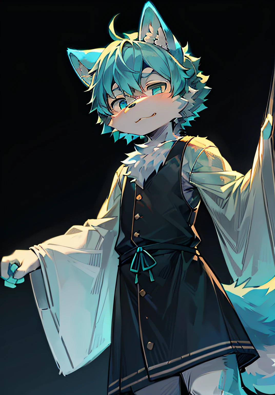eyes with brightness, in a panoramic view, Character focus.detailedbackground:0.7, 独奏, shaggy, shaggy male, malefocus, Twelve years old, Full Body Furry, Fluffy dark blue tail, Gray-blue fur, Turquoise eyes, blue green hair:1.2, long canines