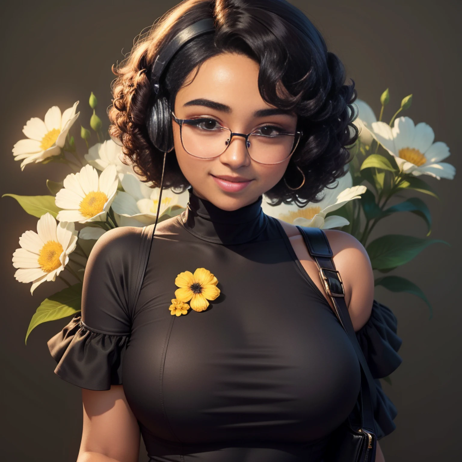 Kizi,designer,Short shoulder-length curly hair,wearing black glasses,largeeyes,exquisite facial features,Slightly fat,Smile sweetly,Flowers in hand,Headsets,Solid background color,8k