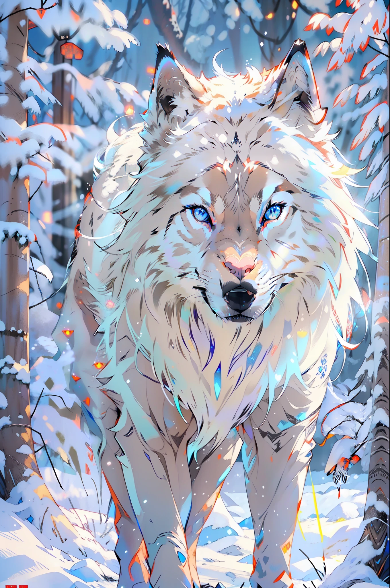 female winter wolf, piercing blue eyes, white fur, Setting is a Scandinavian forest in winter, snow, Highly detailed, strong, big, looking at viewer, slender,