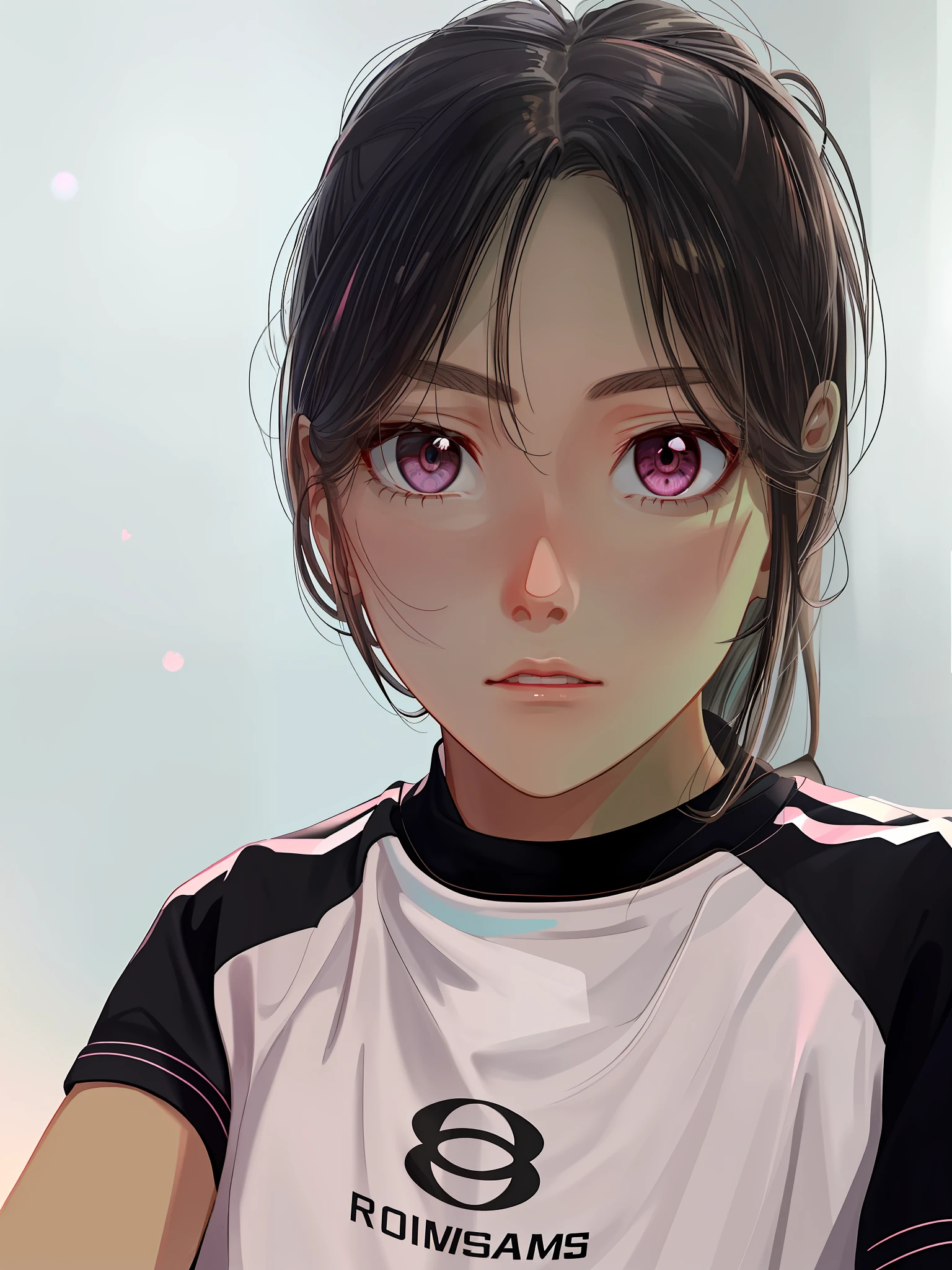 "A girl with long black wavy hair,Wear a pink sweatshirt and black sweatpants,Dark brown eyes。