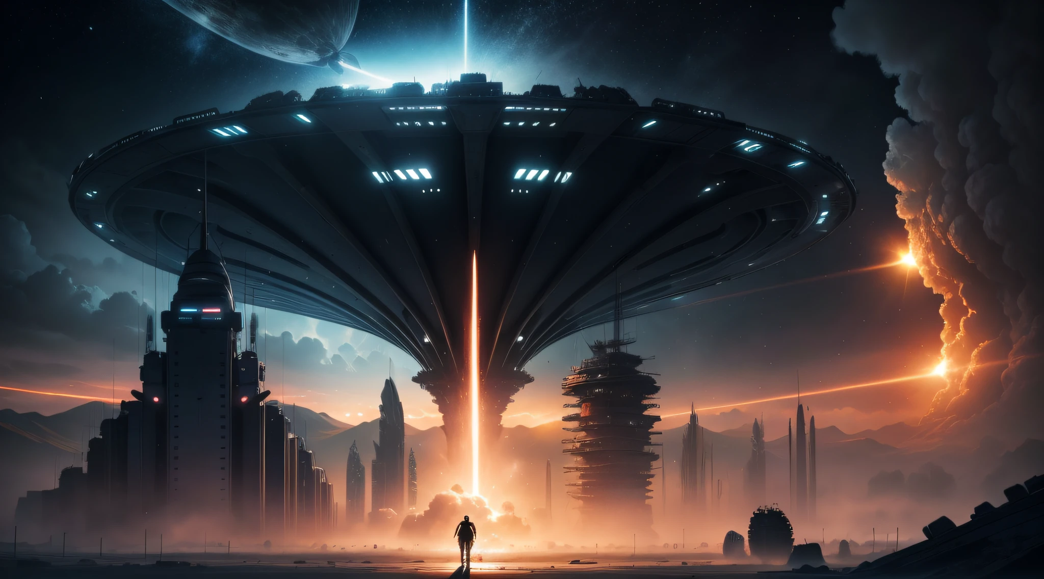 extraterrestre, invasion, guerra, destruction, nave, cidade, realista, imagem premiada.