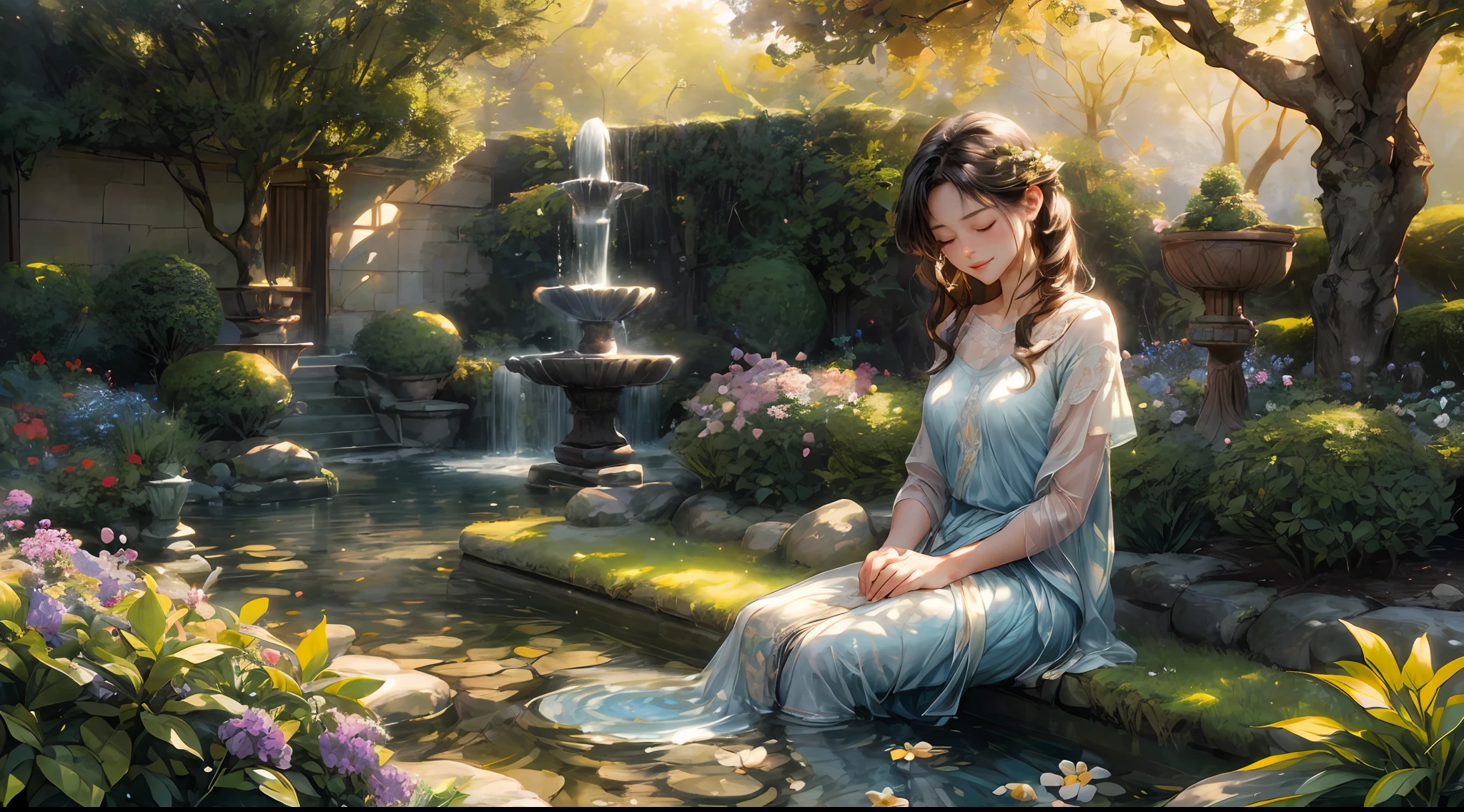 closed eyes,perfect eyes,upper body girl,1girl,beautiful eyes,light difussion,(garden),1 enchanting person, soulful eyes, flawless features, relaxed posture, cascading hair, inviting expression, natural beauty, tasteful clothing, harmonious proportions
BREAK
soft lighting, (subtle interplay of light and shadow):1.2, delicate details, gentle brushstrokes, warm tones, dappled light, atmospheric shadows, impressionistic technique, poetic aura
BREAK
peaceful garden, blooming flowers, lush foliage, stone pathway, trickling fountain, golden sunset, idyllic retreat, serene atmosphere, ultra detailed, official art, unity 8k wallpaper
, mandala