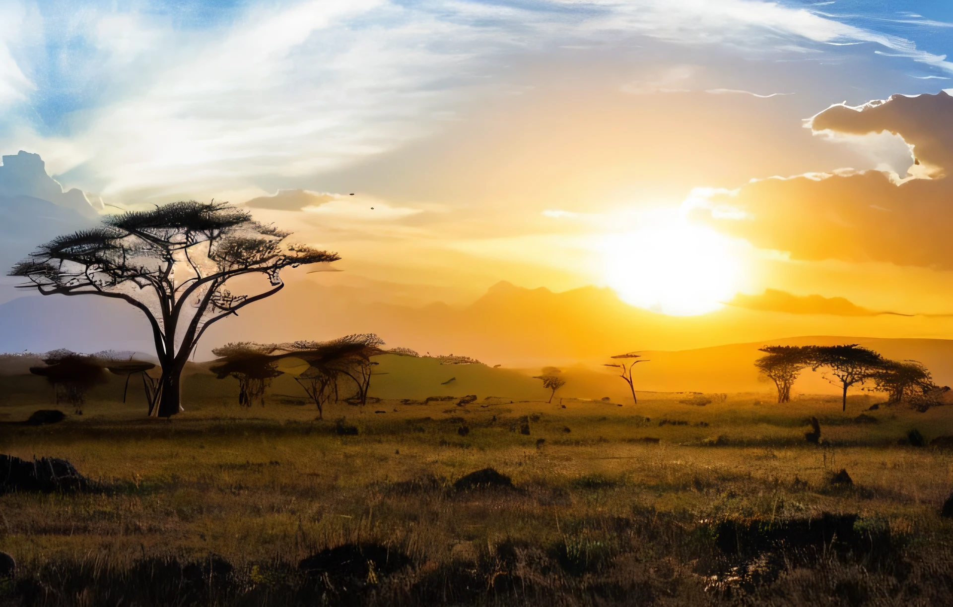 Field view of trees and sunset in the background, landscape of africa, africa grassland, african plains, africa grassland, on the african plains, At sunset, Beautiful environment, At sunrise, afro, savana, as the sun sets on the horizon, Sunset view, Incredibly beautiful, stunning nature in background,