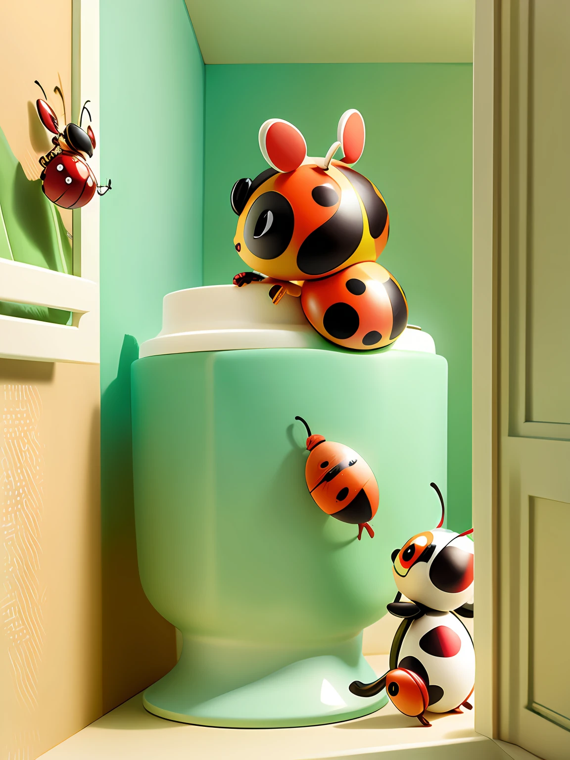 Cute insect like ladybug in a high definition bathroom . filme infantil, Create multiple scenes