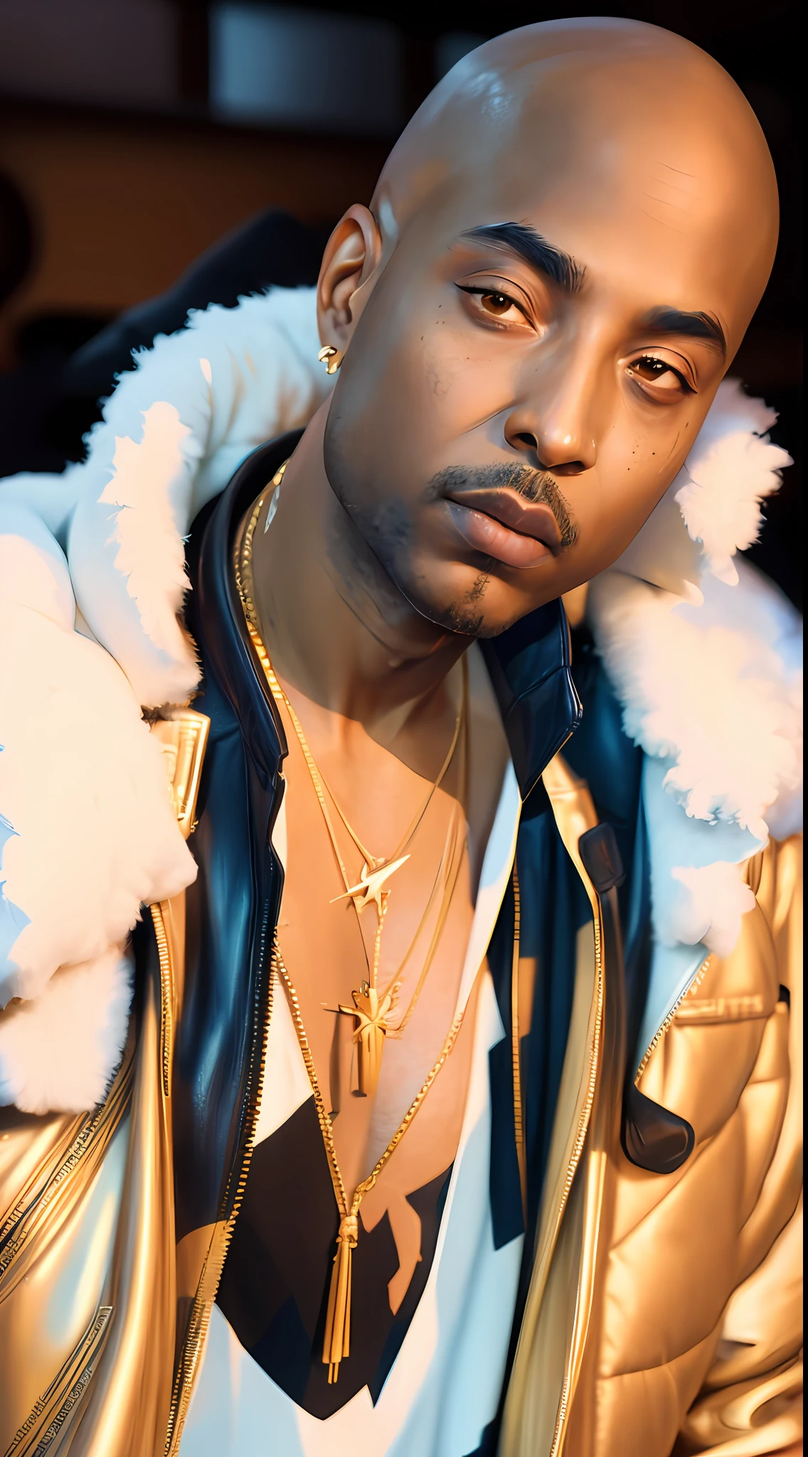 1rapper with Bald hair, Unique mink Fur Jacket (Virgal Abloh) (H R Gigger), fog, detailed and realistic image, amazing composition with vintage scenery with abstract shapes, abstract minimalist background with tentacles, melt, drip, yoshitomo nara:1.5, wes anderson:1.3, new casualism, retro, minimalism,BiopunkAI